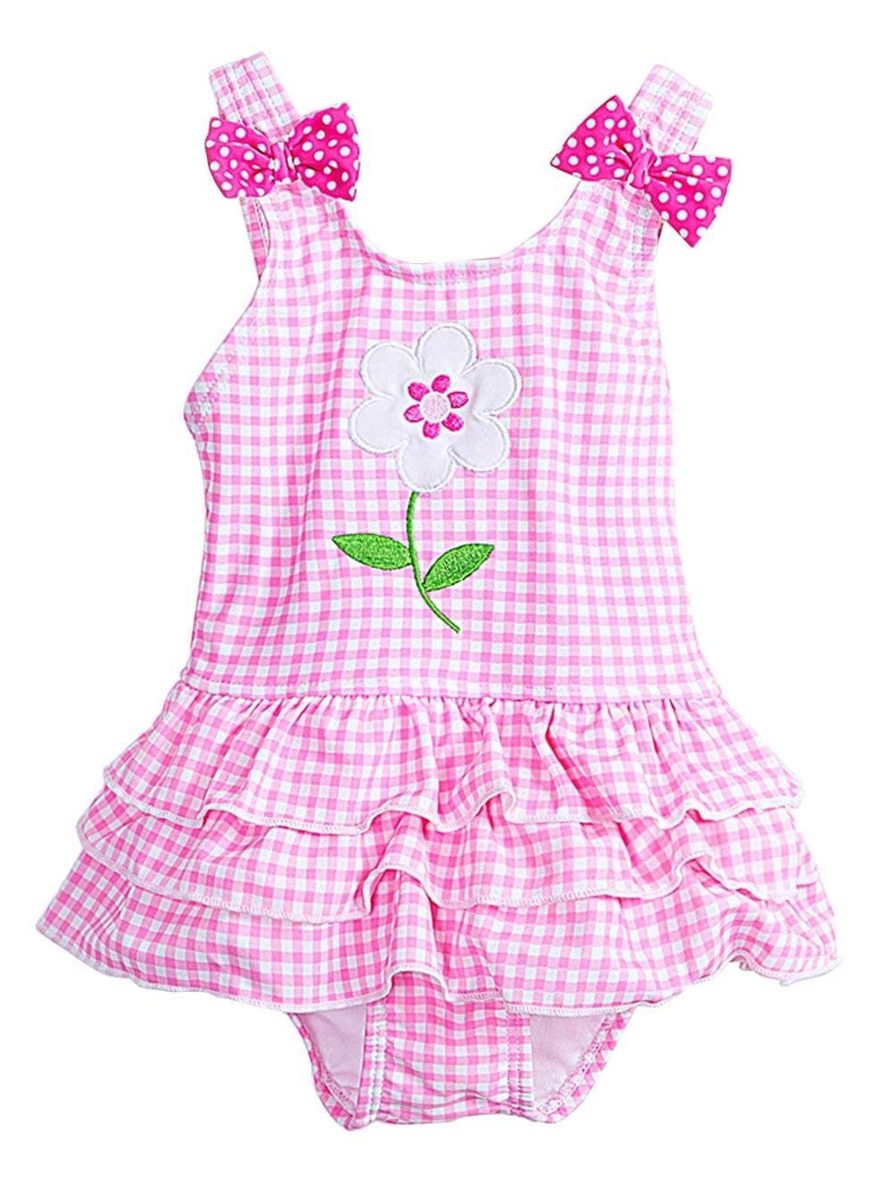 Meeyocc Baby Girls Swim Suits Tiered Ruffle Kids Bowknots Swimming Costume Toddler Children Cute One Piece Swimwear Plaid Beachwear