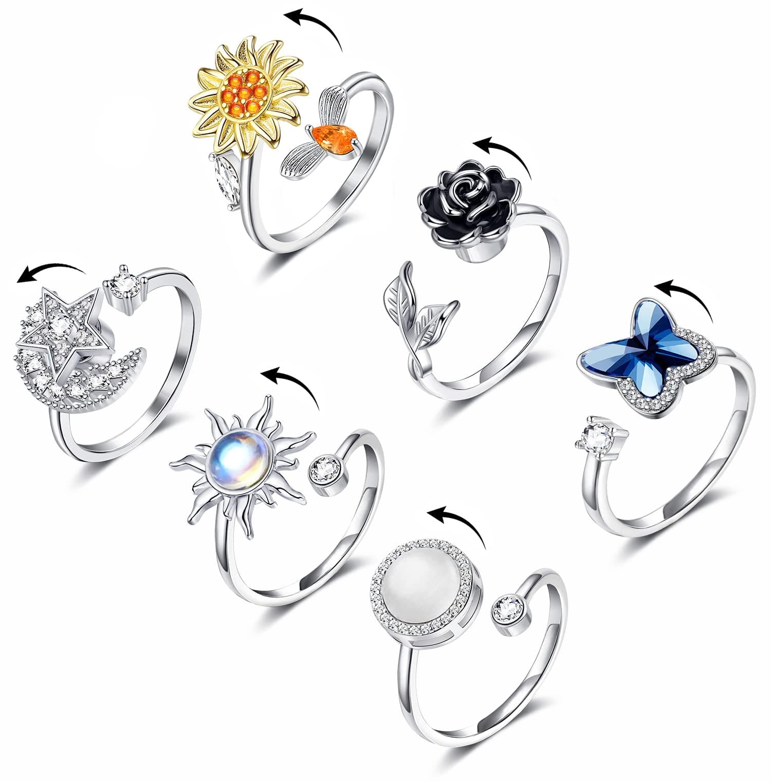 KOHOTA Fidget Rings for Women Spinner Ring for Anxiety Adjustable CZ Sunflower Butterfly Rose Star Moon Stress Relief Open Rings Set