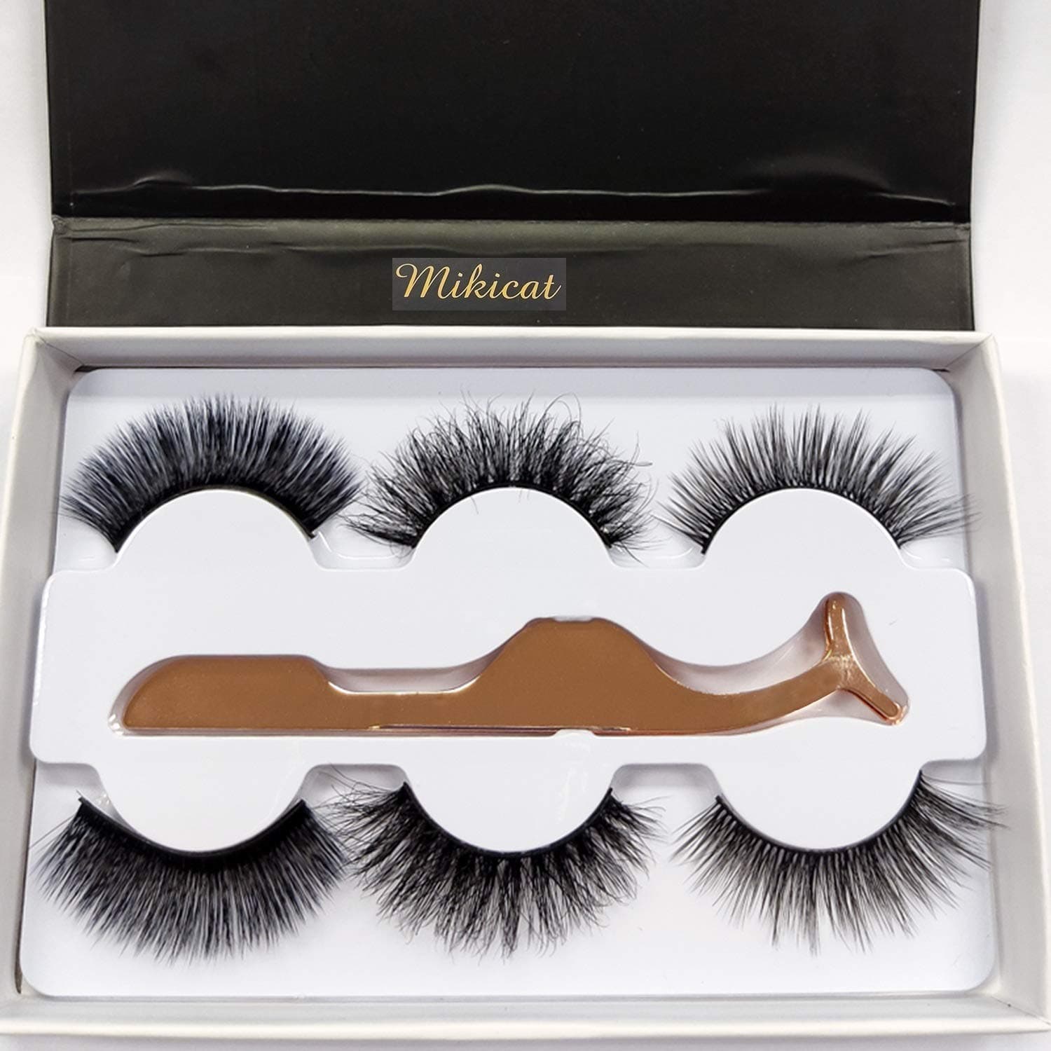 Mikicat Fluffy Lashes Mink Full Volume 100% Siberian 3D Mink Fake Eyelashes Cruelty-Free with Eyelash Tweezers 3 Styles