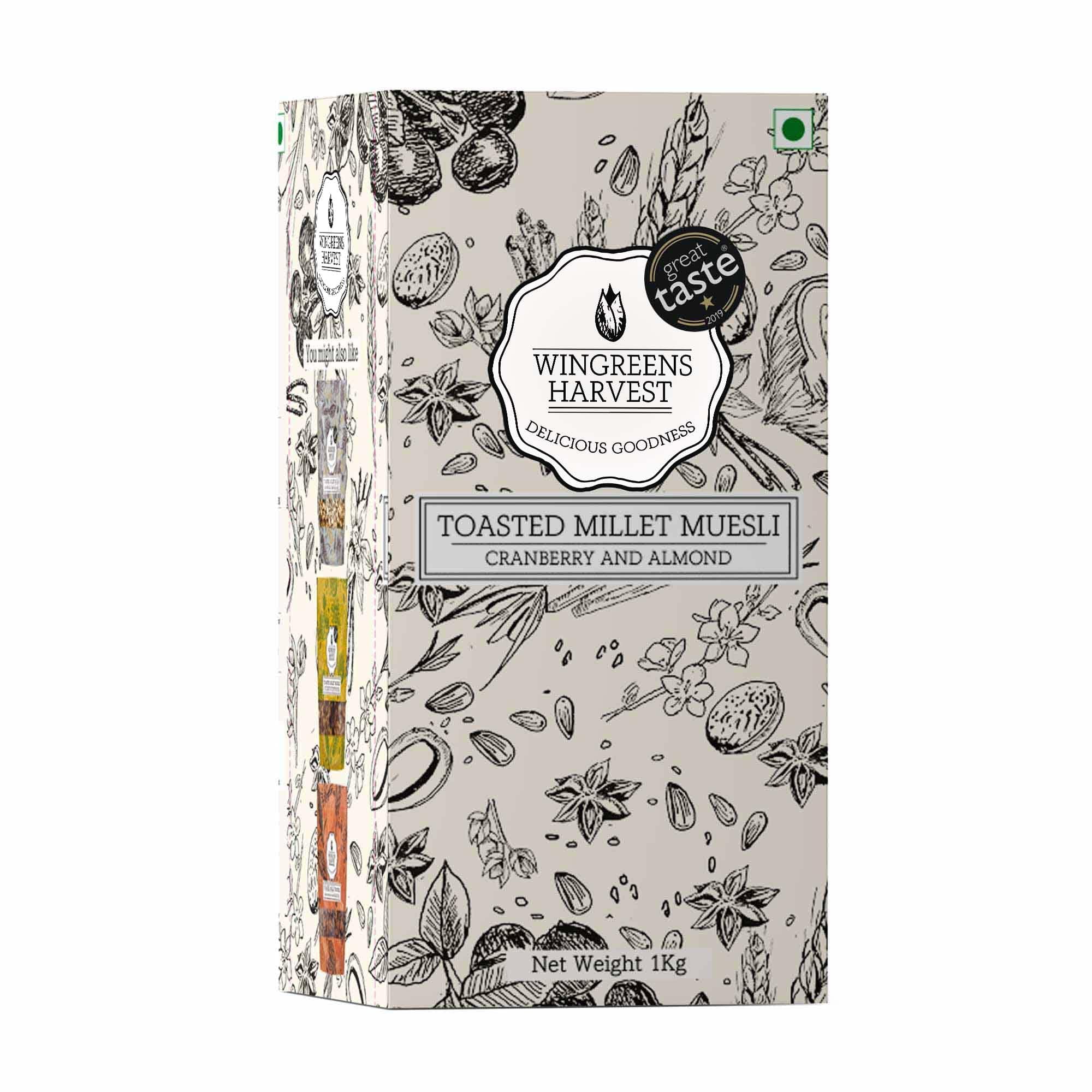 Toasted Millet Muesli 1kg, Cranberry & Almond, Natural, Breakfast Cereal, Healthy Gluten-Free Cereals with Whole Grains, Dried Fruits, Nuts and Seeds, Saver Pack, Zero White Sugar