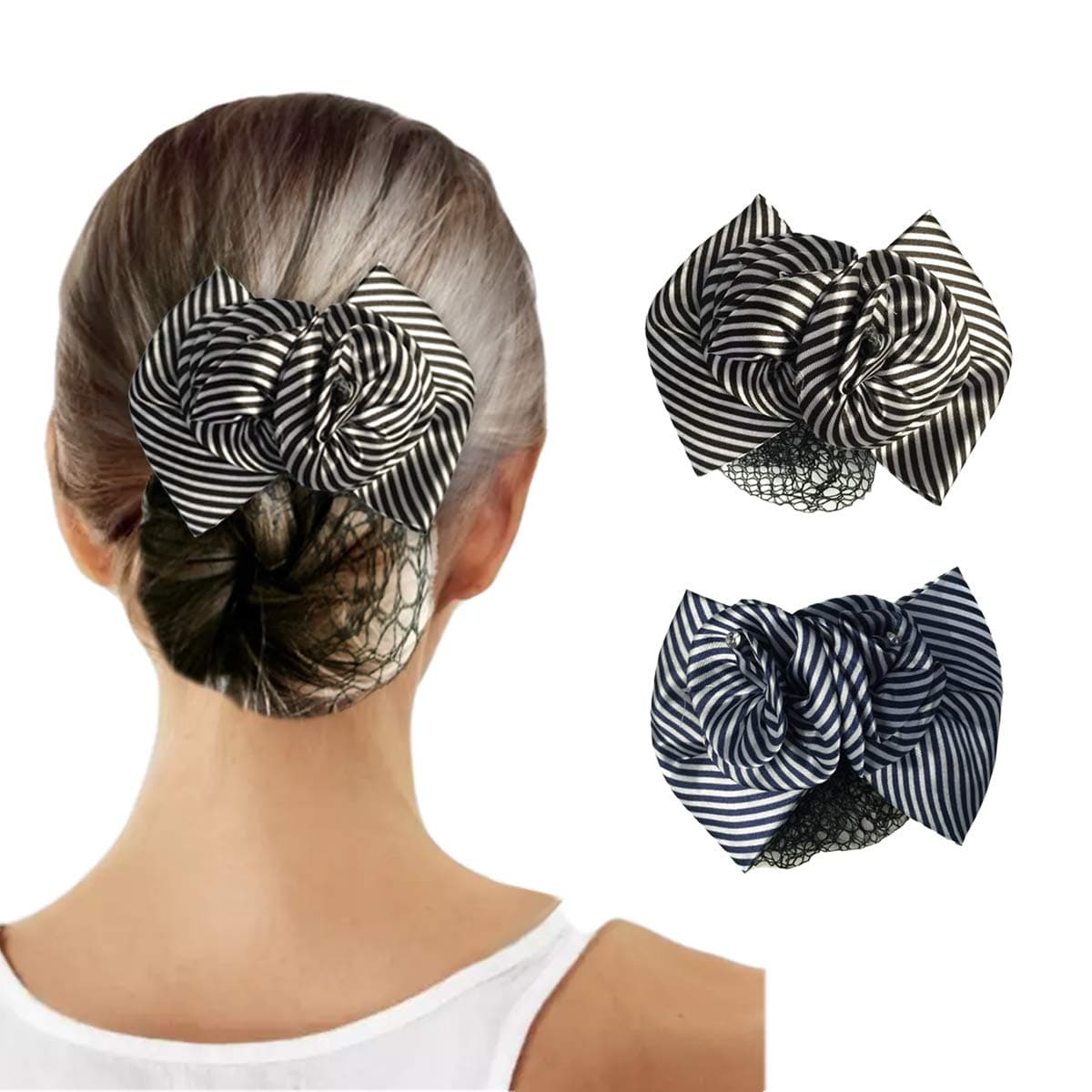 2-pack Women Blue & Brown Striped Flower Bow Hair Bun Cover Net Snood Net Hair Accessories Bun Cover Set