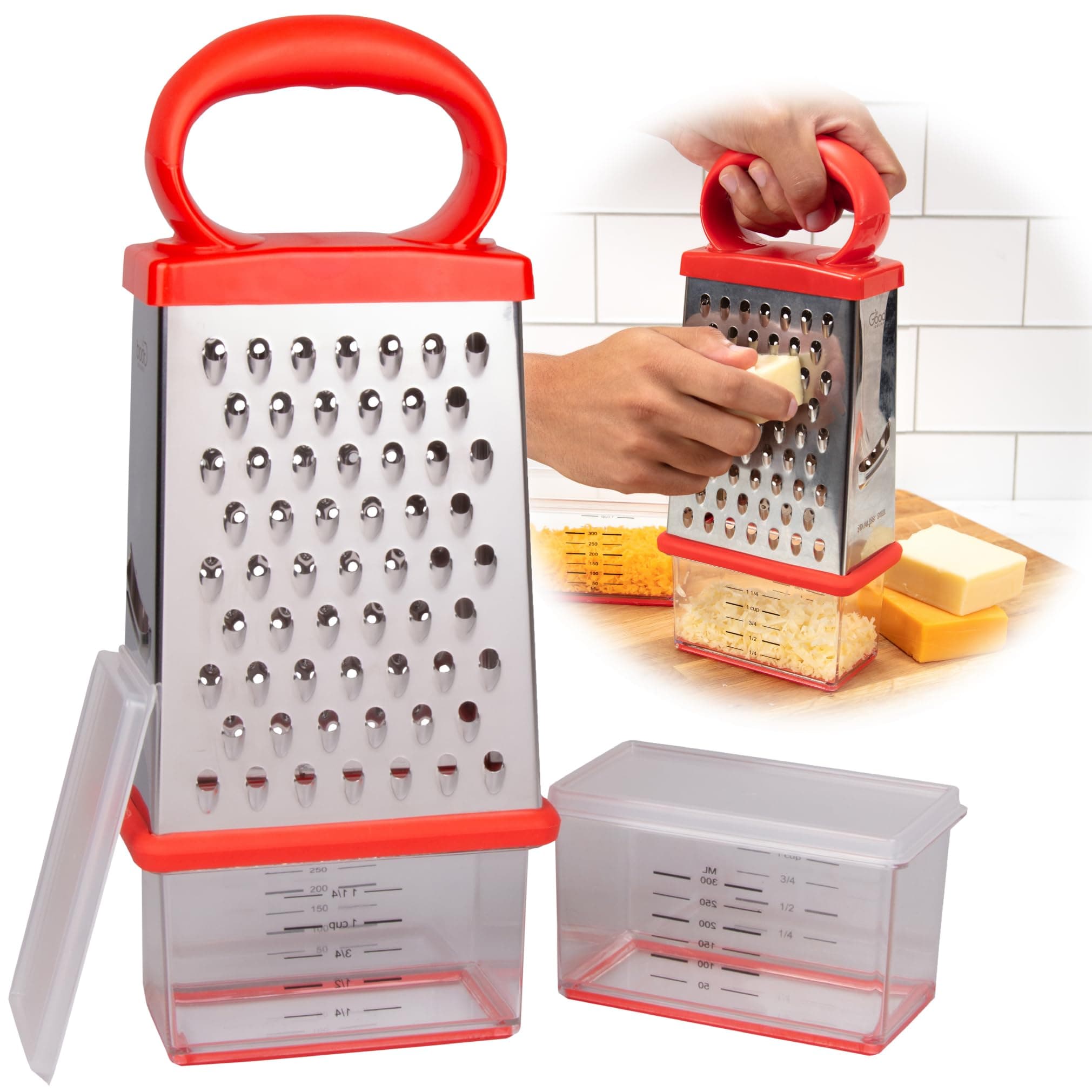 4-Sided Stainless Steel Handheld Box Cheese Grater- 2 Attachable Storage Containers w Built-In Measurements & Lids- Mess-Free Shredder & Slicing- Non-Slip Base w Soft Grip Handle- Kitchen Essential
