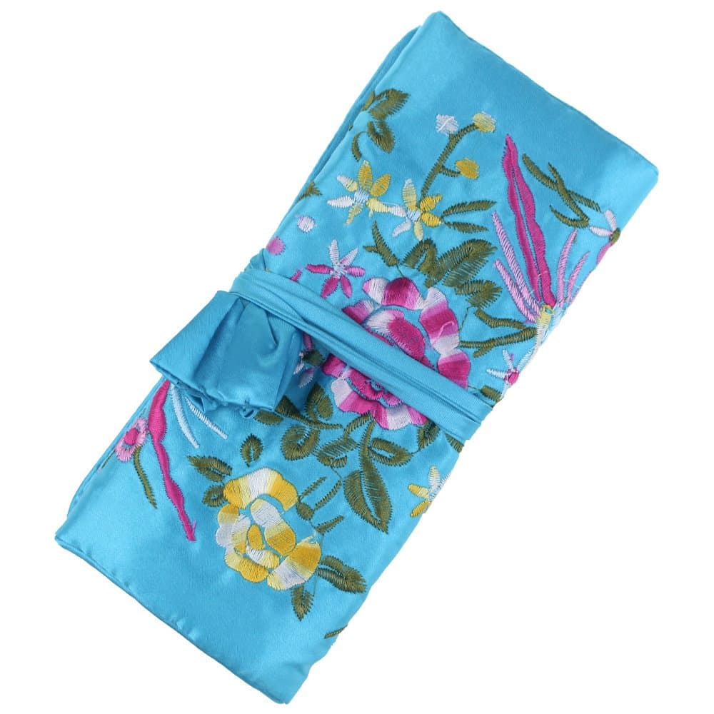 SuoSuo Jewelry Roll,Travel Jewelry Roll Bag,Light Blue Silk Embroidery Brocade Jewelry Organizer Case with Tie Close