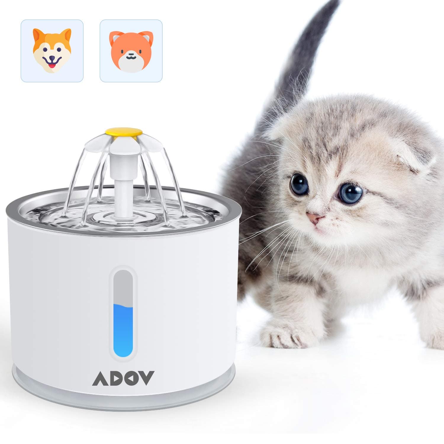 ADOV Cat Drinking Fountain, 2.4L Stainless Steel Top Flower Style Pet Water Dispenser, Automatic Electric USB Adapter, Replaceable Filter Hygienic Drinking Bowl for Cats, Dogs, Small Animals