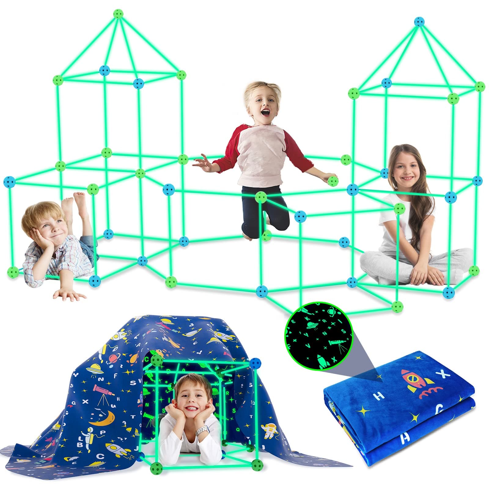 160PCS Kid Fort Building Kit Glow in the Dark Build a Fort with Blanket STEM Educational Toys for 4 5 6 7 8 9 10 11 12 Years Boys Girls Ultimate Construction Gifts DIY Forts Builder Set Indoor Outdoor