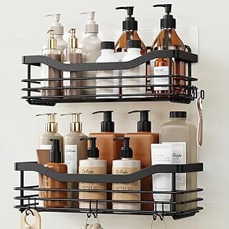 Orimade Shower Caddy Basket Shelf Storage Rack, No Drilling Wall Mounted Adhesive Rust Proof Stainless Steel Shower Organizer with 5 Hooks for Bathroom, Black 2 Pack