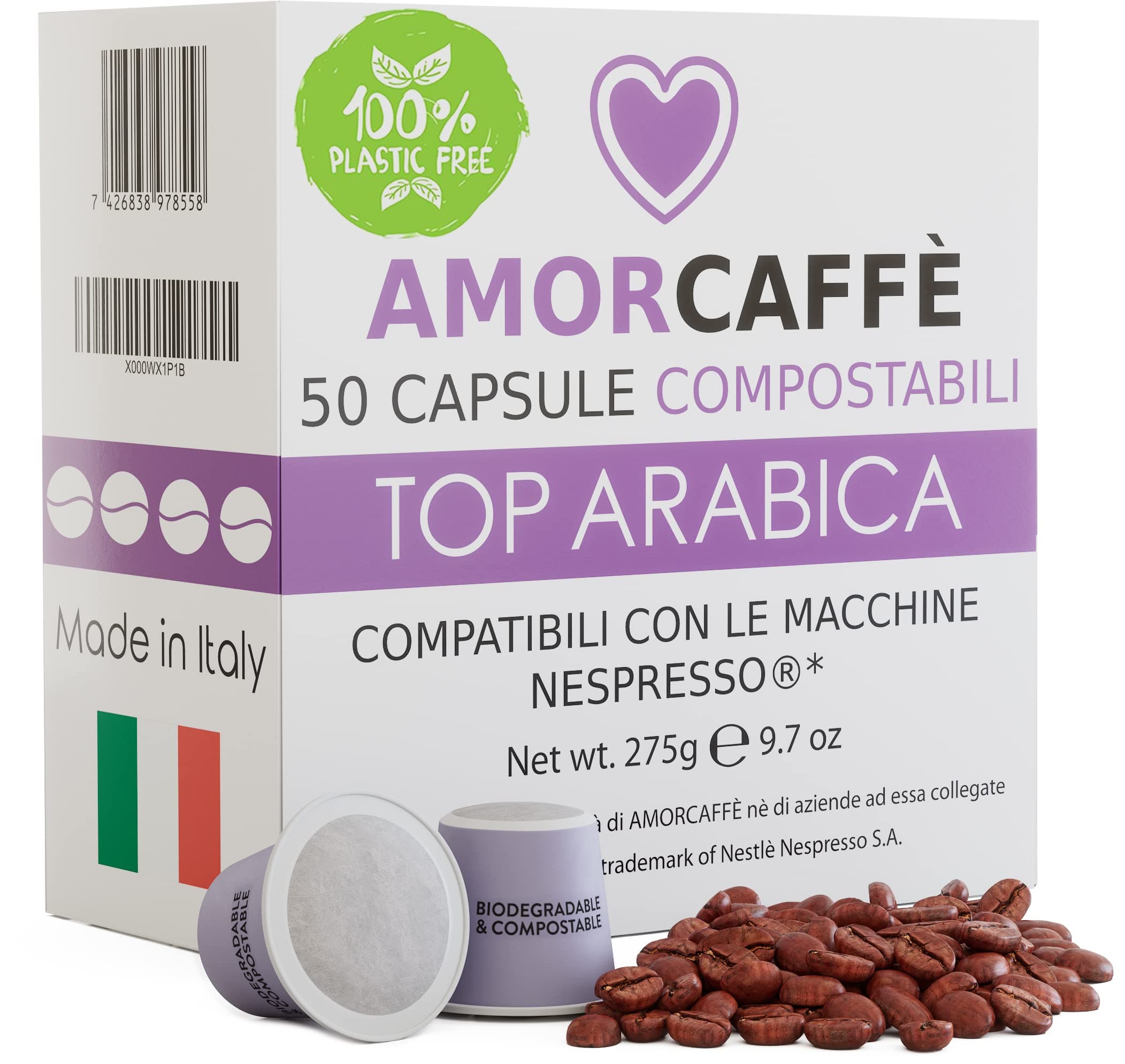 Amorcaffe 50 Home Compostable Compatible with Nespresso Coffee Capsules Pods - Top Arabica - Medium Roast