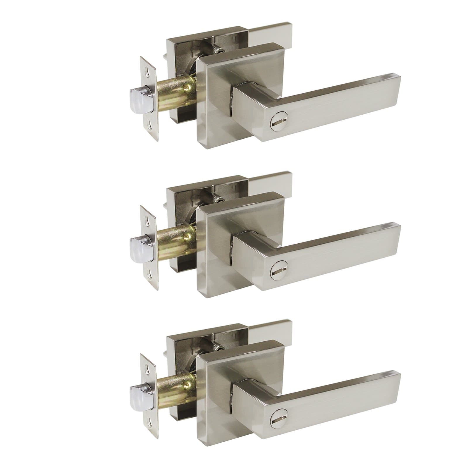 Probrico 3 Pack Square Door Lever Privacy Door Lock Handleset Keyless Lockset Door Knobs Storage Room Bathroom Set No Key in Satin Nickel