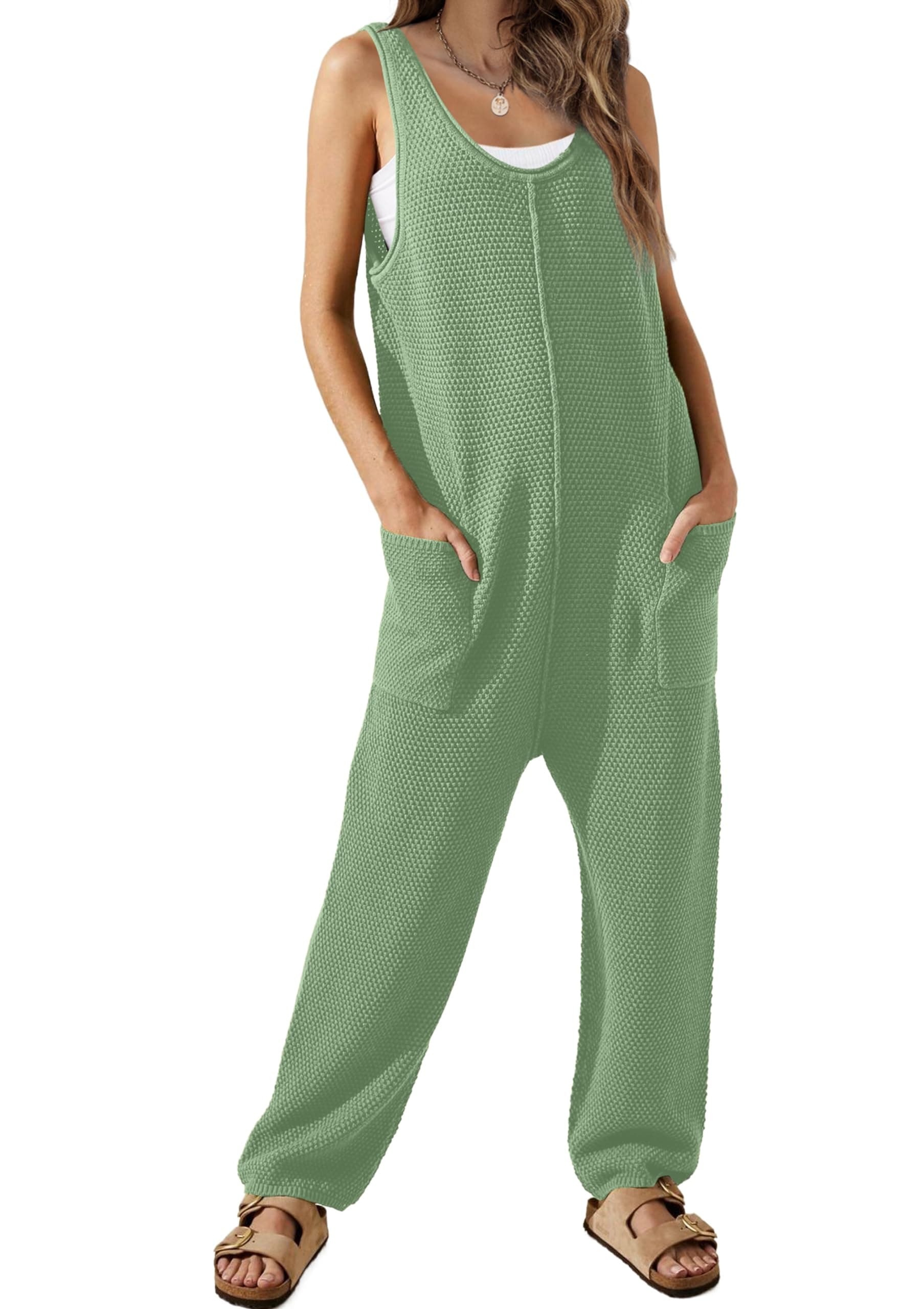 WIHOLL Womens Casual Loose Knit Jumpsuits Sleeveless V Neck Romper with Pocket and Long Pants Overalls