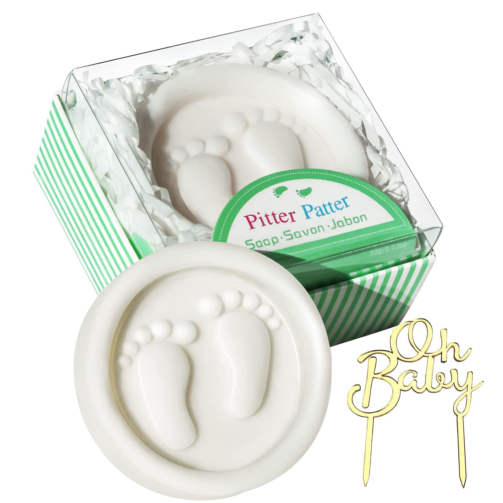 AIXIANGCutest Handmade Pitter Patter Soap Favors Packaging (24 Pack) + 7" OH Baby Gold Cake Topper (1 Pack) for Baby Shower Favors and Decorations