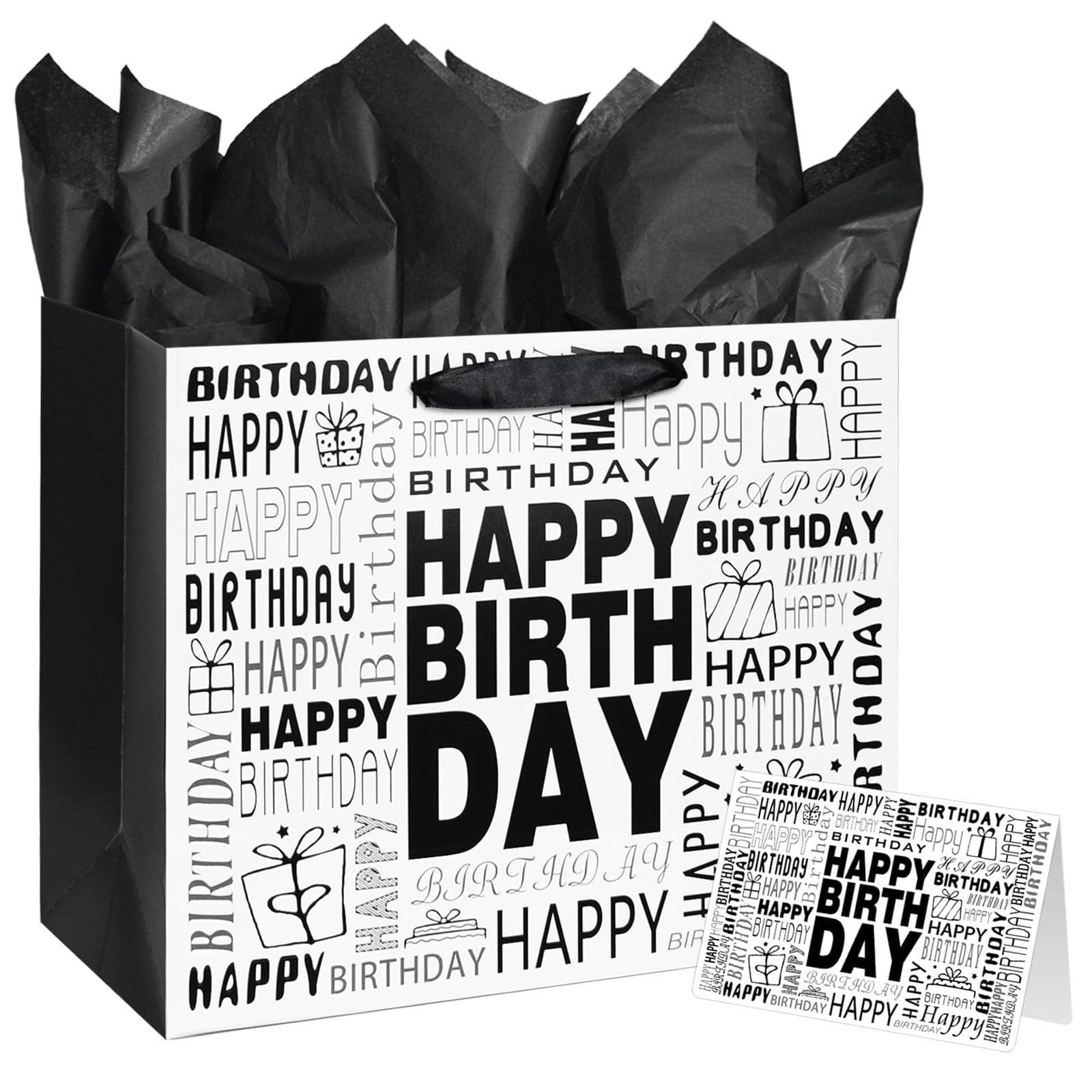 13" Large Black and White Happy Birthday Gift Bag with Tissue Paper and Card for Men Women Birthday (Large)