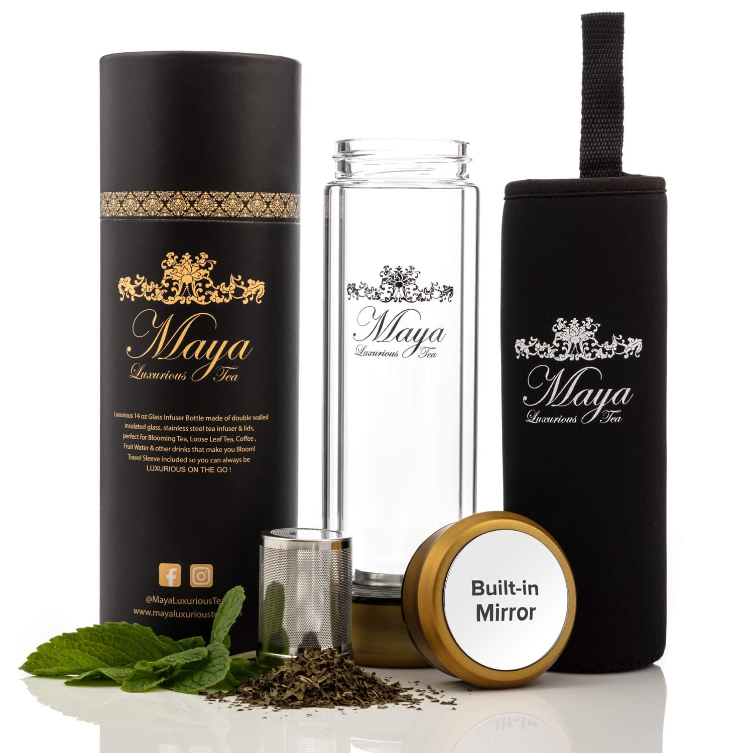 Tea Infuser Bottle Leakproof Double Wall Glass Travel Tea Mug with Stainless Steel Filter - BPA Free Tea Tumbler + Strainer for Loose Leaf Tea