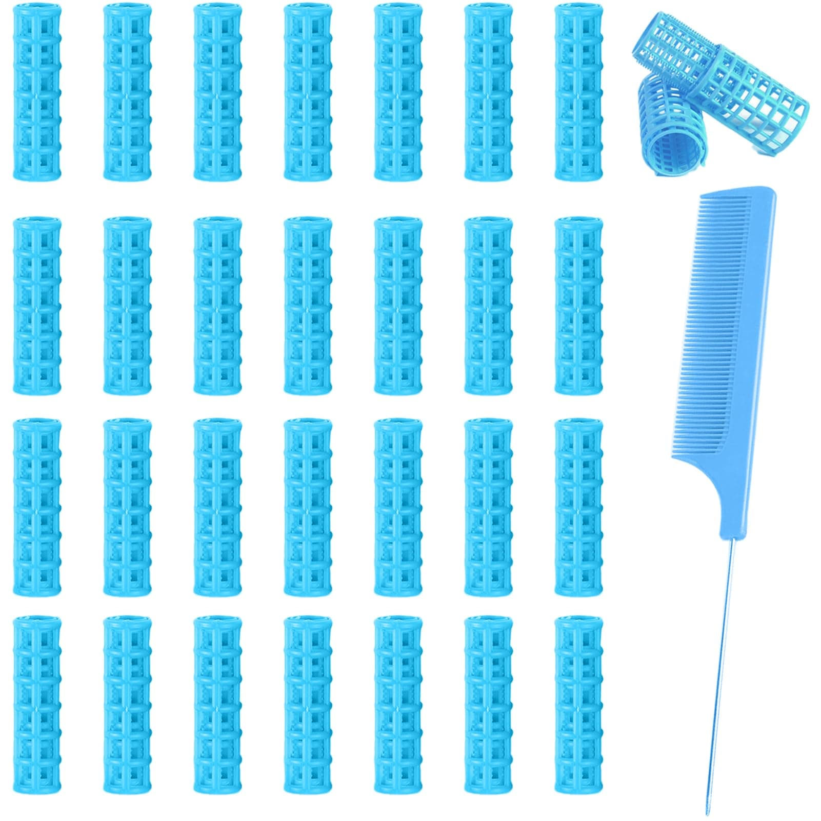 28PCS Small Rollers for Short Hair, 0.6in No Heat Tiny Curlers With Clips Small Roller Hair Curlers Set Mini Snap-On Plastic Hair Rollers(Blue)