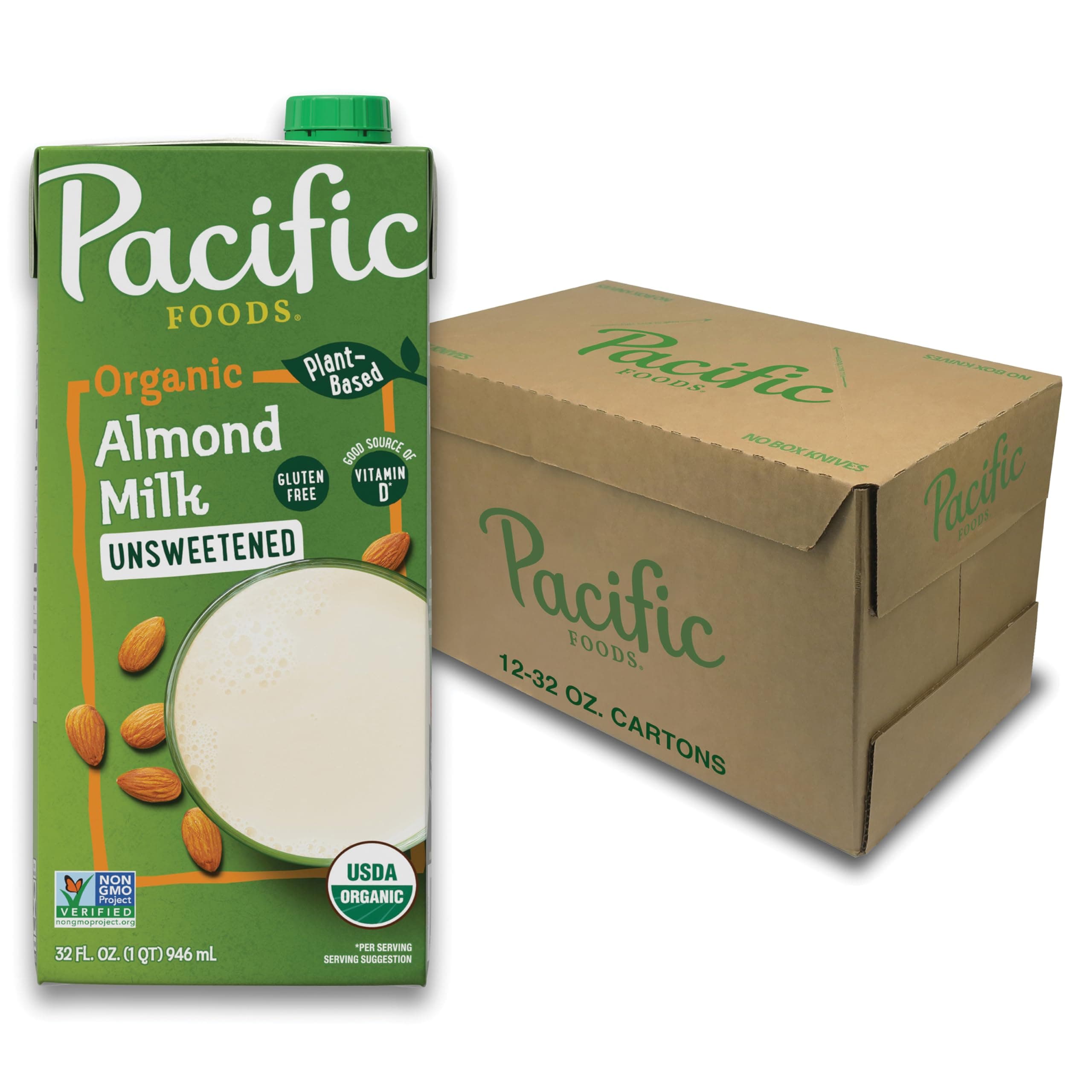 Organic Unsweetened Almond Milk, Plant Based Milk, 32 oz Carton (12 Pack)