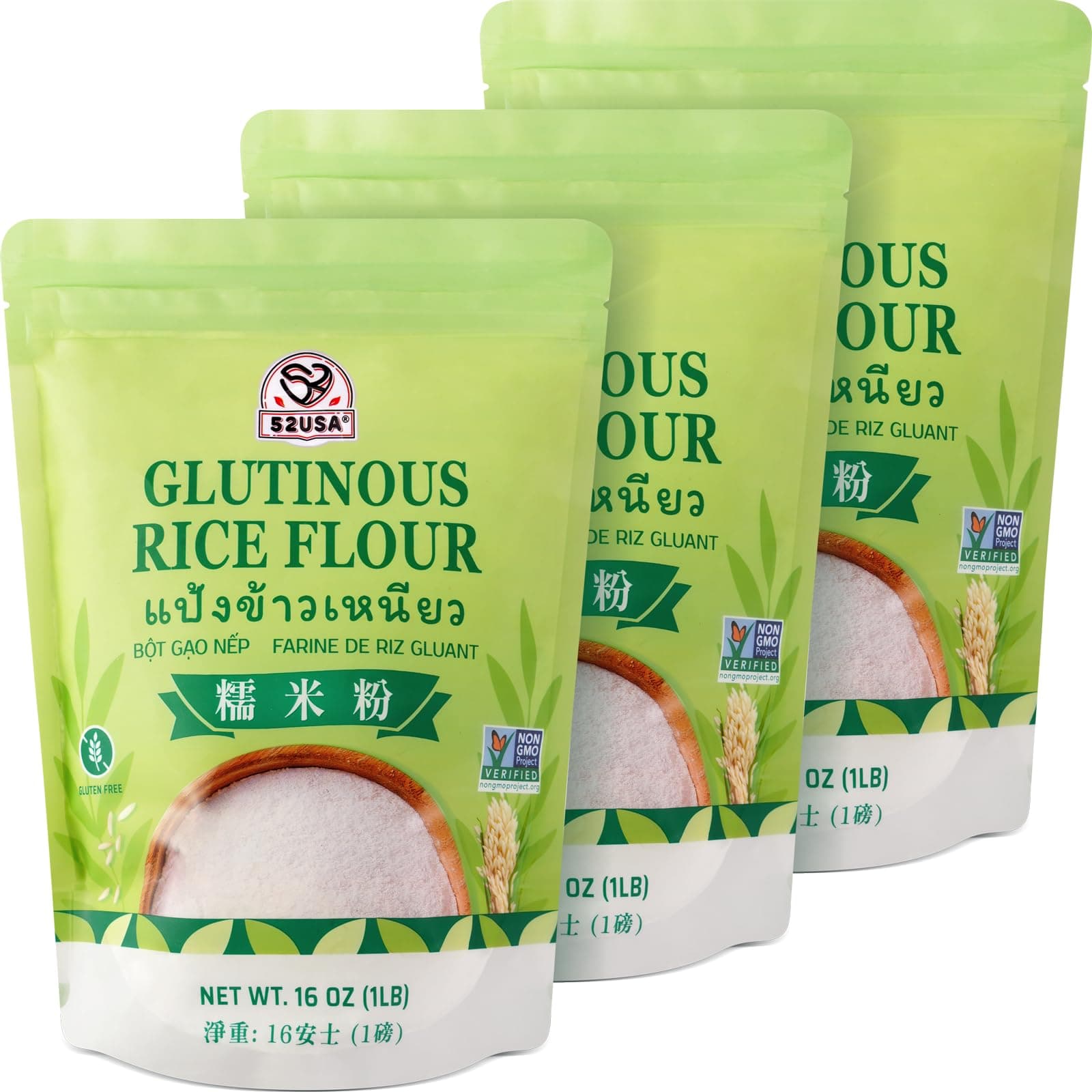 52USA Glutinous Rice Flour 48 Ounce (Basic), 1 Pound (Pack of 3), Rice Flour for Baking or Cooking, Product of THAILAND, All Natural White Rice Flour, Vegan