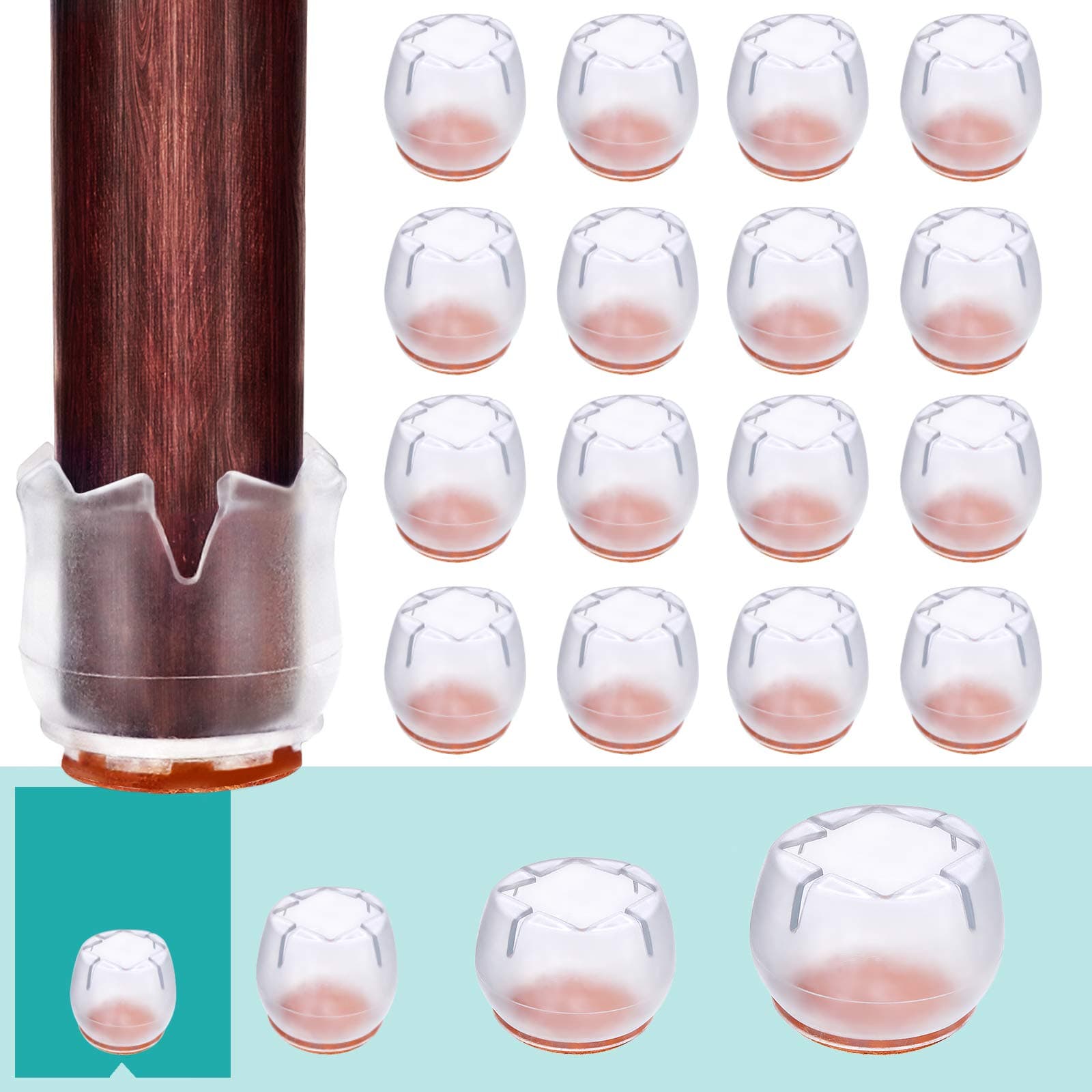 MelonBoat 16 Pack Chair Leg Floor Protectors, Fit Round Leg Size 7/8 to 1" or Square 5/8 to 7/8", Chair Leg Caps with Furniture Felt Slider Glide Pads, A-MX023