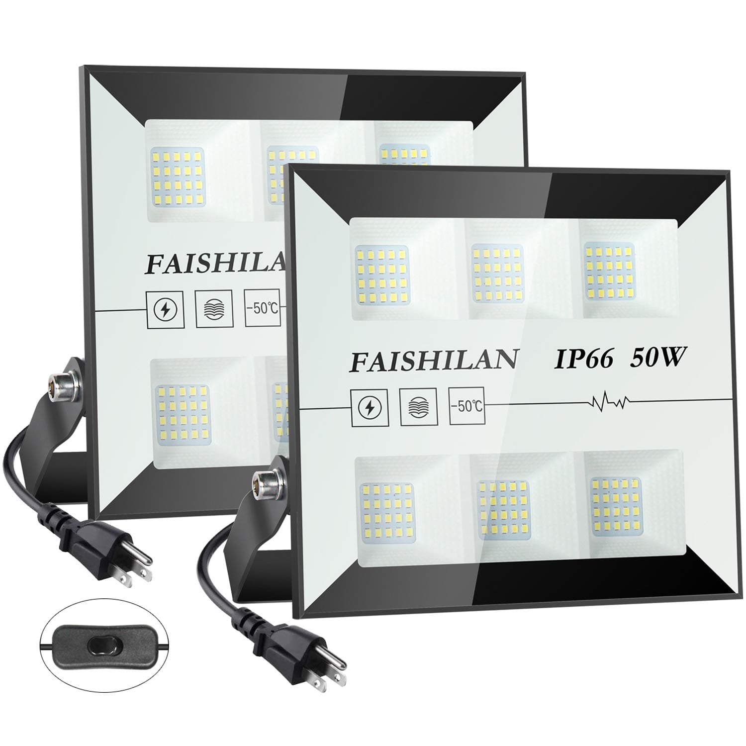 FAISHLAN Upgrade 2 Pack 50W LED Flood Lights, 250W Halogen Equivalent Led Work Light, Waterproof IP66 Outdoor Flood Lights, 5000K Super Bright LED Backyard Lights for Garage, Garden, Lawn and Yard