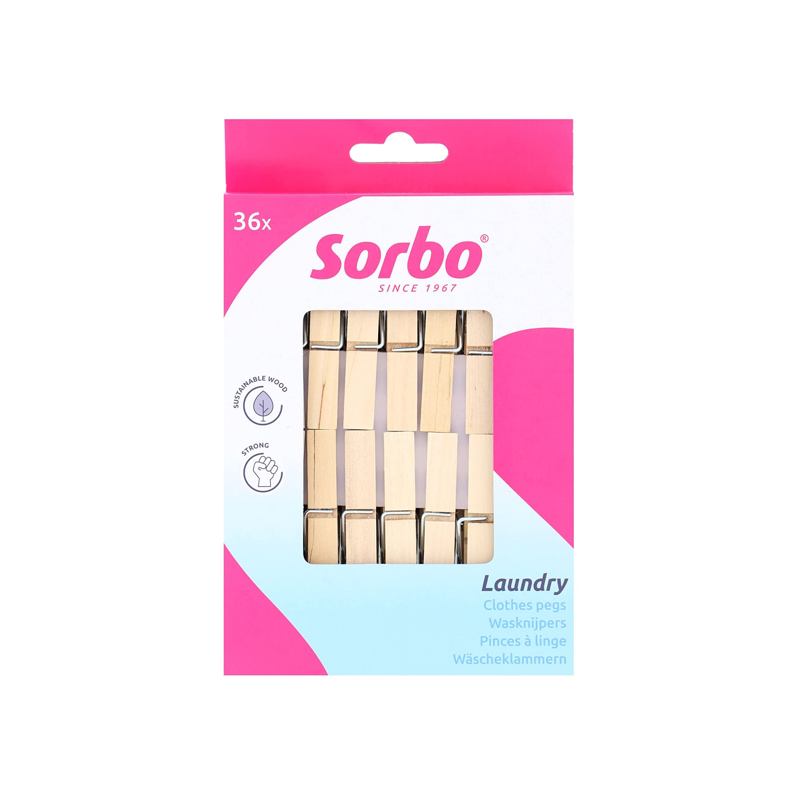 Sorbo Birchwood Wooden Pegs, 36 Pack, Non-Splinter, Suitable for Indoor and Outdoor Use, 7 Coil Spring, Extra Strong and Durable, Brown
