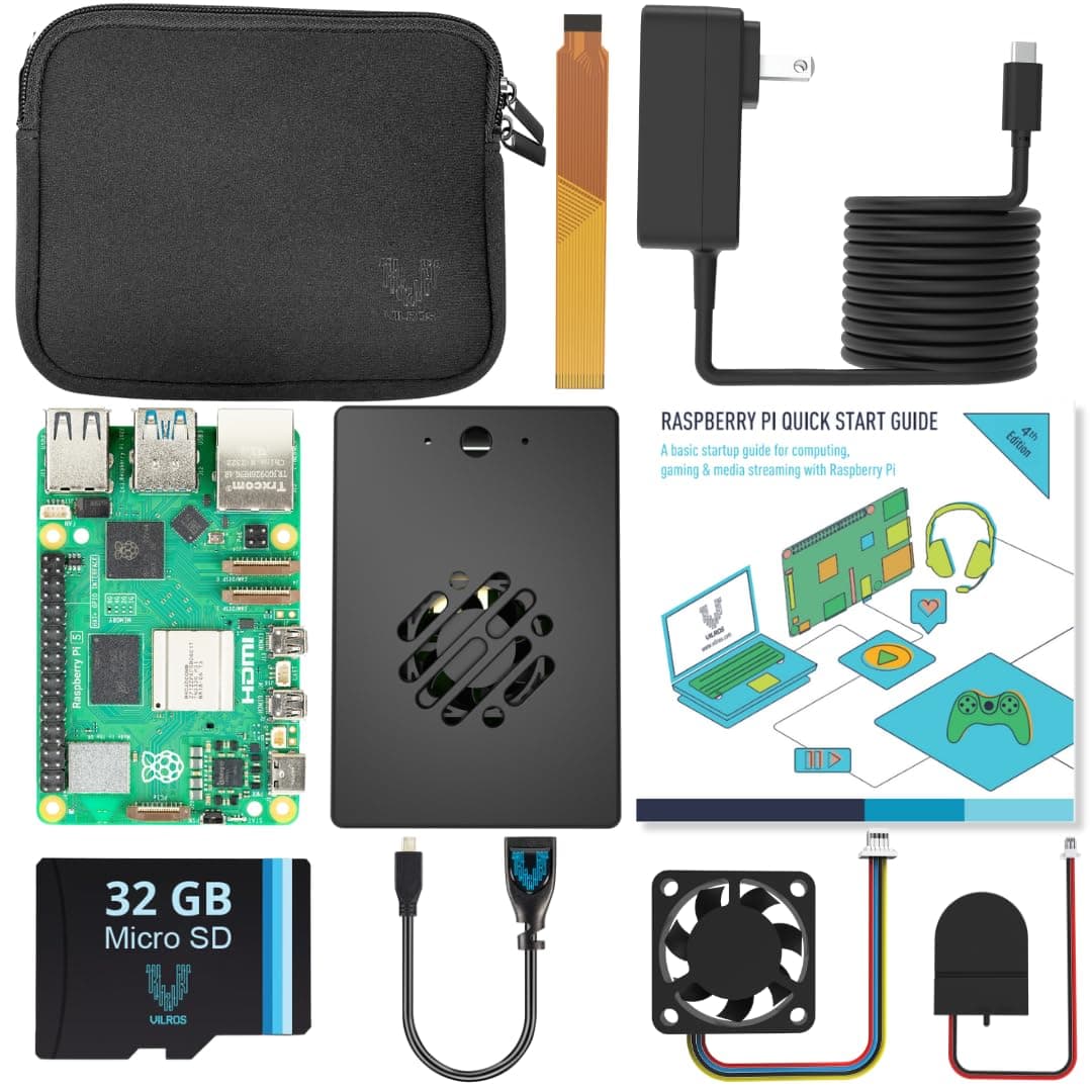 Vilros Raspberry Pi 5 (8GB) Basic Starter Kit with Aluminum Passive+Active Cooling Case-Includes Pi 5 Board, Case, Power Supply, 32GB Preloaded SD Card, HDMI Adapter & More