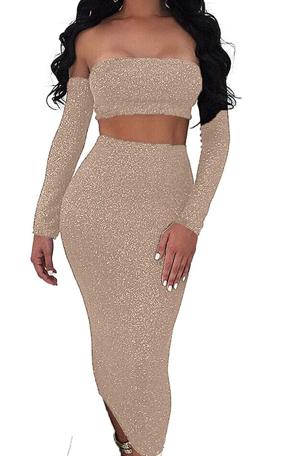 Sunfury Lady Off Shoulder Sexy Open Back Party Dress for Women Cutout Tight 2 Piece Outfits Set Gold M