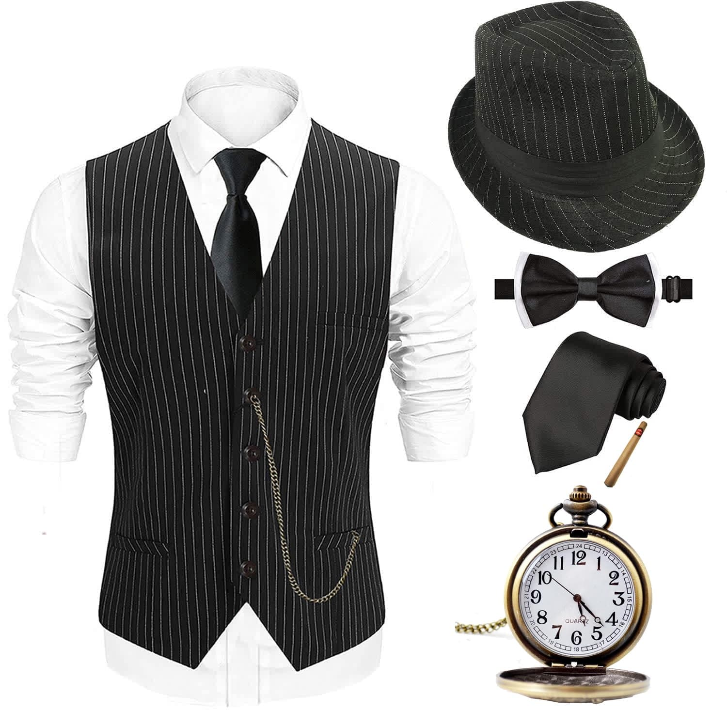 Halloween 1920s Mens Costume 2025,Gatsby Gangster Vest,Vintage Pocket Watch,Pre Tied Bow Tie,Tie