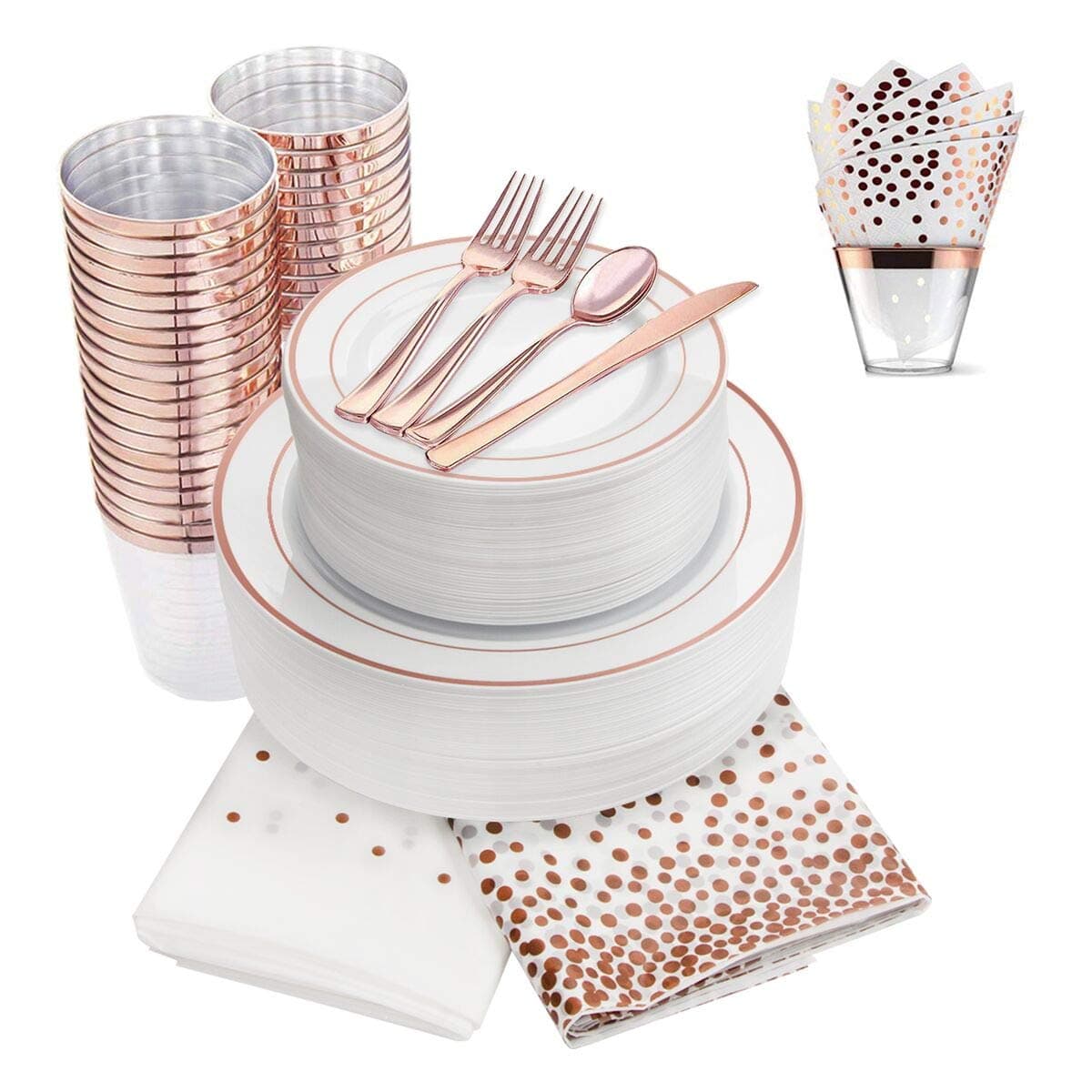 350 Piece Rose Gold Dinnerware Set, 100 Rose Gold Plastic Plates -50 Plastic Cups -50 Napkins -150 Cutlery set, 50 Guest Disposable Rose Gold Tableware Set (With: 4 Pack Matching Plastic Tablecloths)