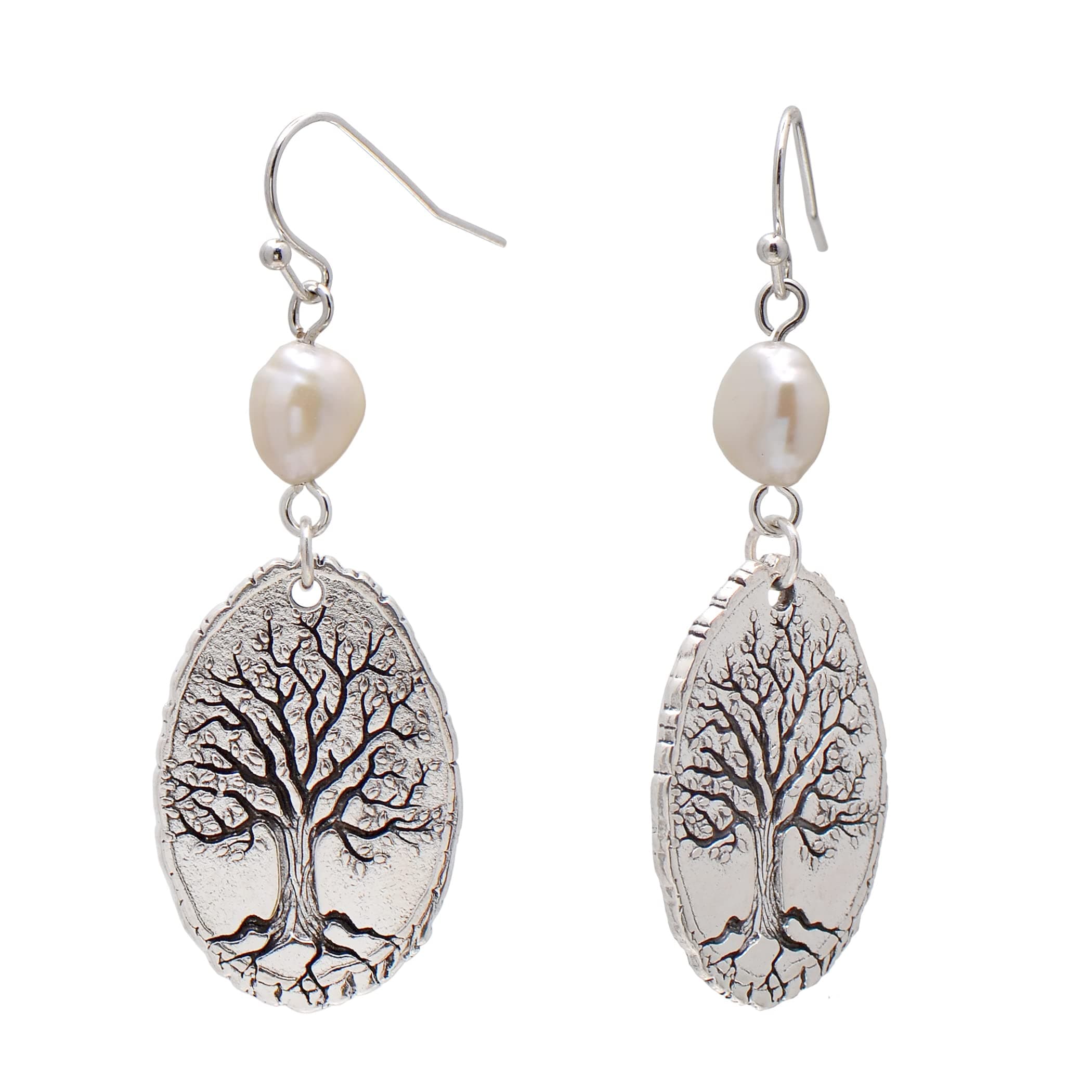 Freshwater Cultured Pearl Tree of Life Dangling Earrings for Women, White Pearl