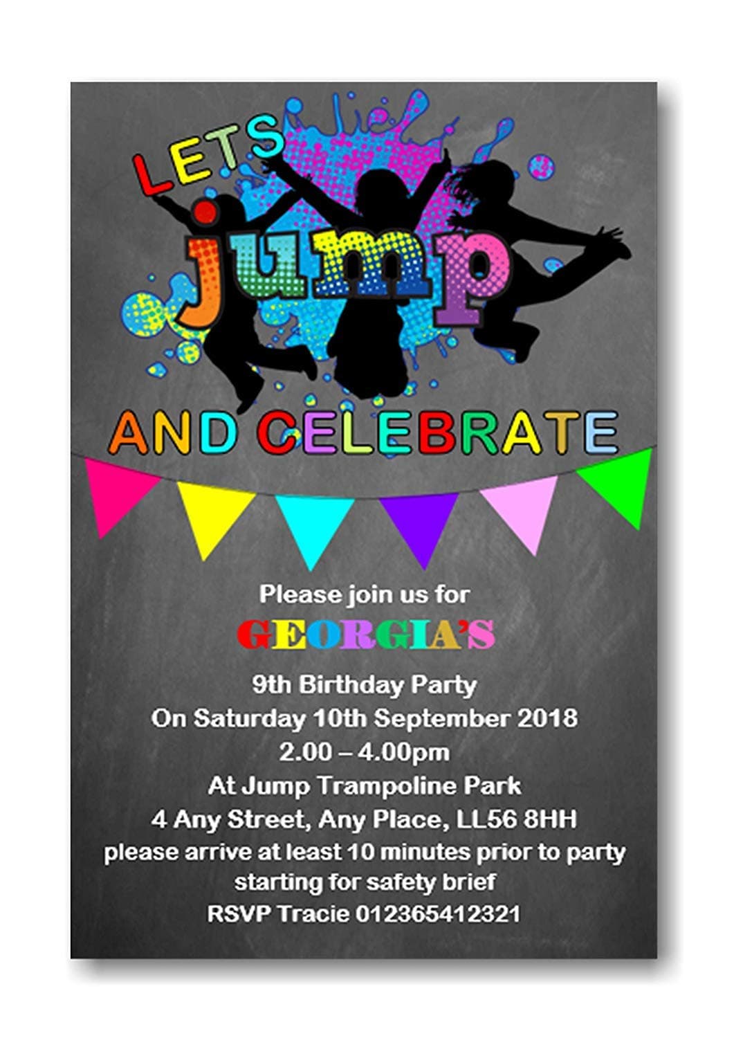 Bespoke Candy Delights Personalised Trampoline Birthday Party Invitations - Invites Boy or Girl Ref B61 4th 5th 6th 7th 8th 9th 10th 11th 12th 13th 14th Birthday (15)
