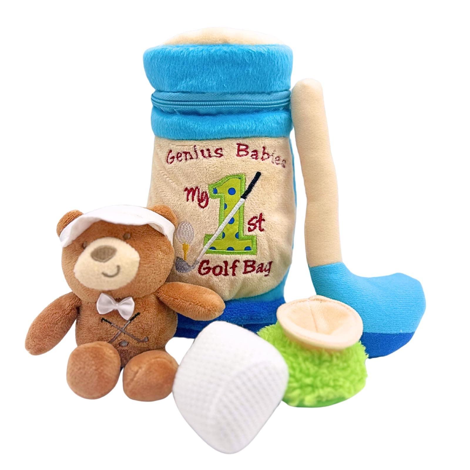 My First Baby Golf Bag, Baby Golf Set, Five Piece Set with Mini Club, Ball, Tee, Teddy Bear, Mini Bag, Lightweight, Perfect Size for Small Hands, Fun Gift for Babies, Infants and Toddlers, 9" Tall