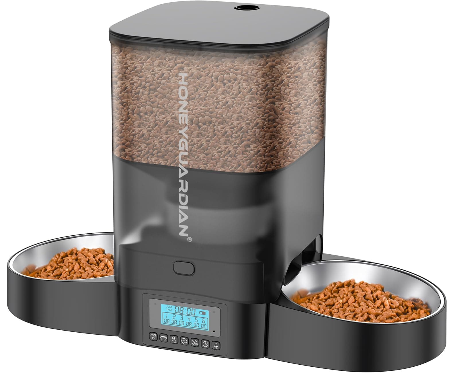 3.5L Automatic Cat Feeder for Two Cats, Food Dispenser with Stainless Steel Bowl,Timed Cat Feeder Programmable 1-6 Meals Control, Dual Power Supply,10s Meal Call Black