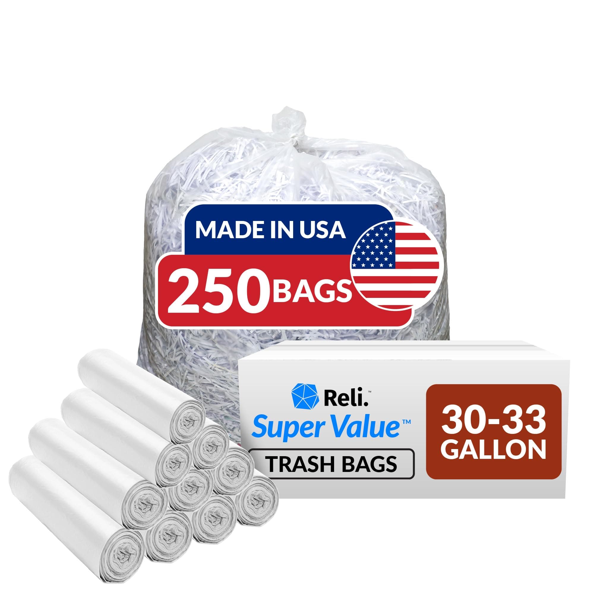 30-33 Gallon Trash Bags Heavy Duty | 250 Count Bulk | Clear Large Trash Bags 30+, 32 Gallon | Made in USA