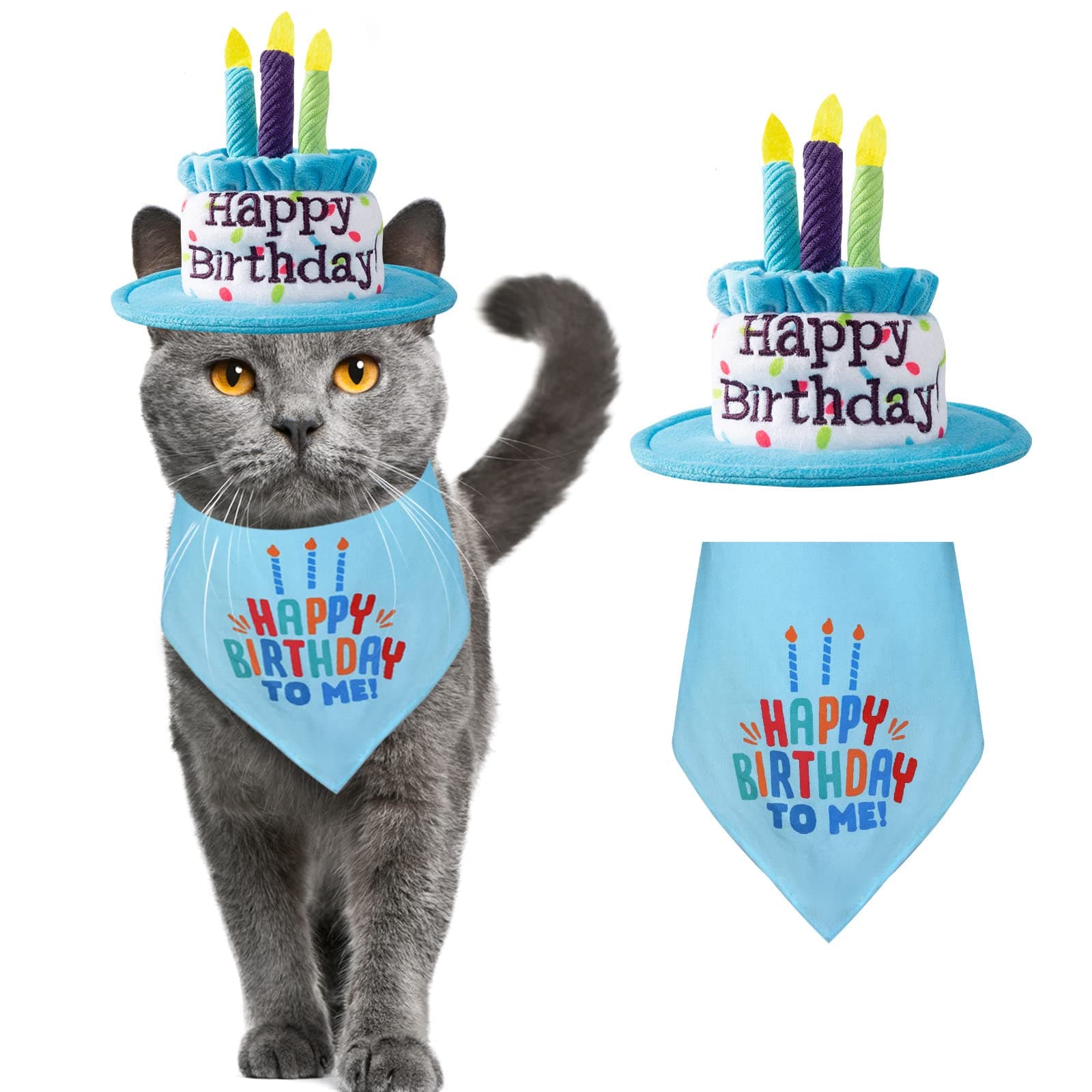 Cat Birthday Cake Hat & Bandana Scarfs Set