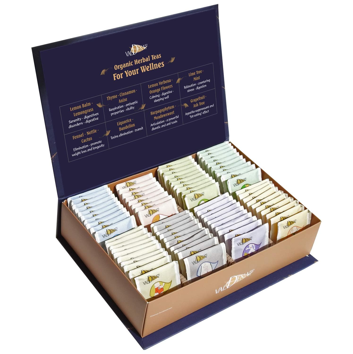 VALDENA BIO Tea Sampler Gift Set, Organic Herbal Tea Variety Pack, (8 organic assorted tea flavors, 64 individually wrapped tea bags) Caffeine free tea sets for women, tea collection gifts for women