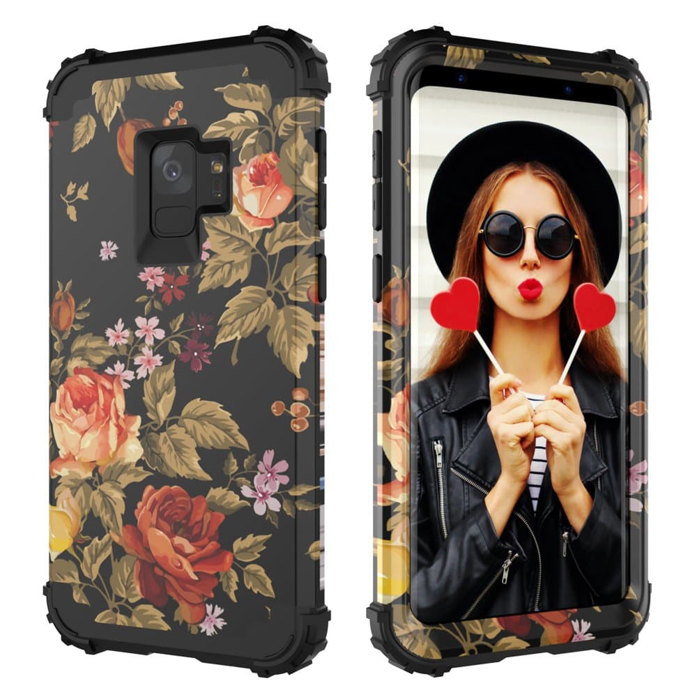 3 in 1 Shockproof Heavy Duty Full-Body Protective Cover for Samsung Galaxy S9 2018 Release Flower