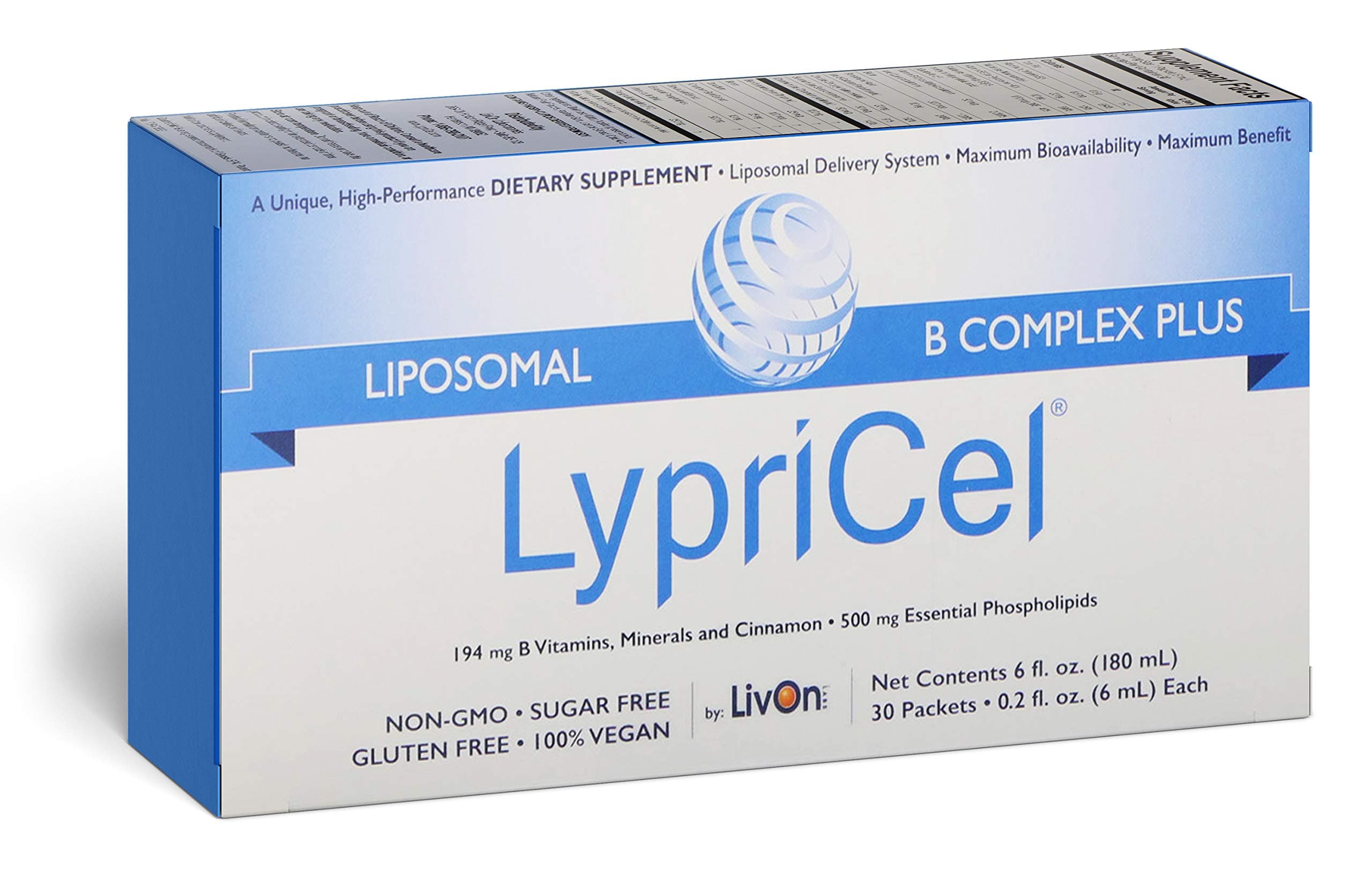 LypriCel Liposomal B Complex Plus – 30 Packets – 194 mg B Vitamins, Minerals & Cinnamon Per Packet – Liposome Encapsulated for Maximum Bioavailability – Non-GMO