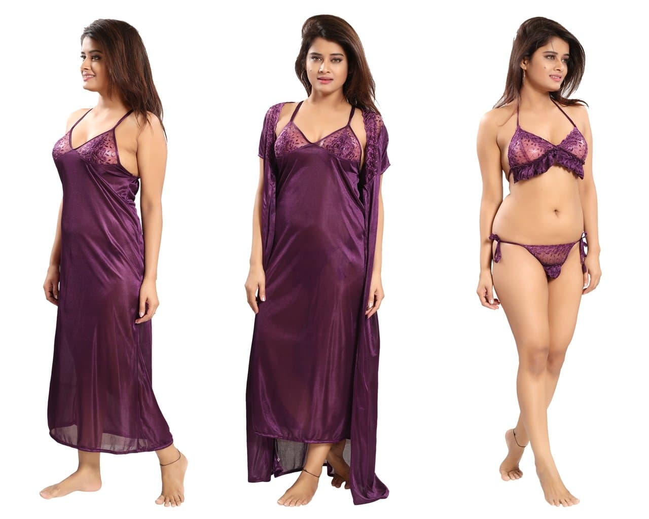 REPOSEY Women's Satin Nightwear Free Size Set of 4 Pcs Robe with Nighty,Bra & Thong