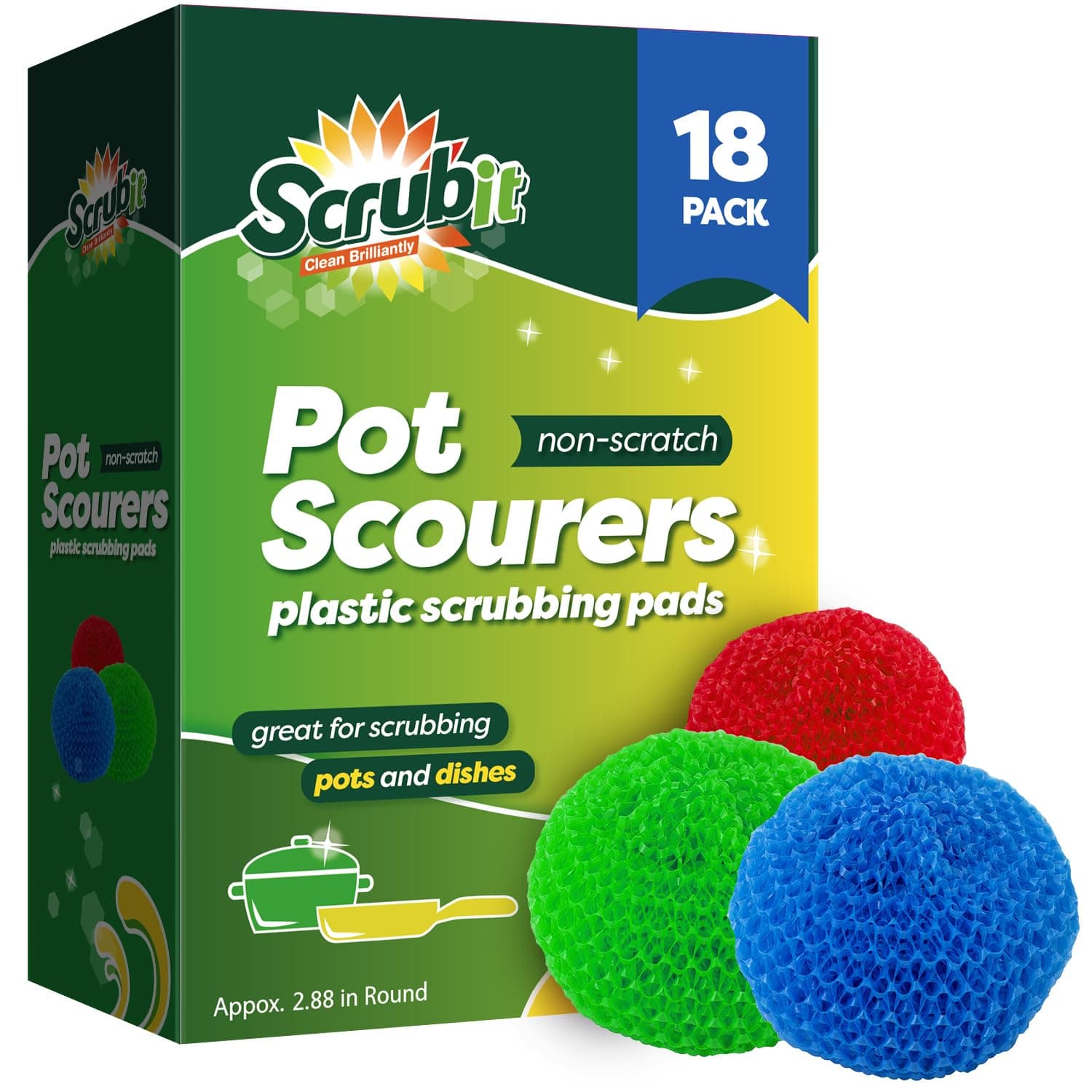 SCRUBIT 18 Round Nylon Dish Scrubber Scouring Pads - Assorted Colors Scourer Pads - Tough and Durable - Non-Scratch for Non-Stick Cookware