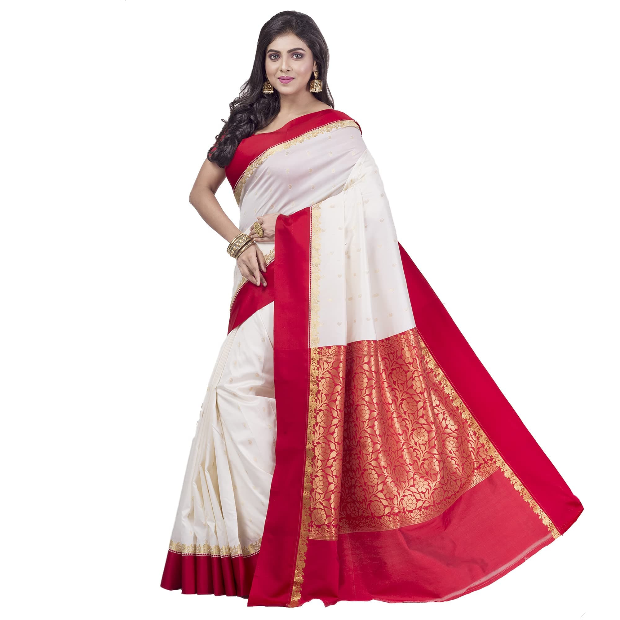 Women Art Silk Traditional Bengali Lal Par Kanjivaram Saree with Blouse Piece (White Red)