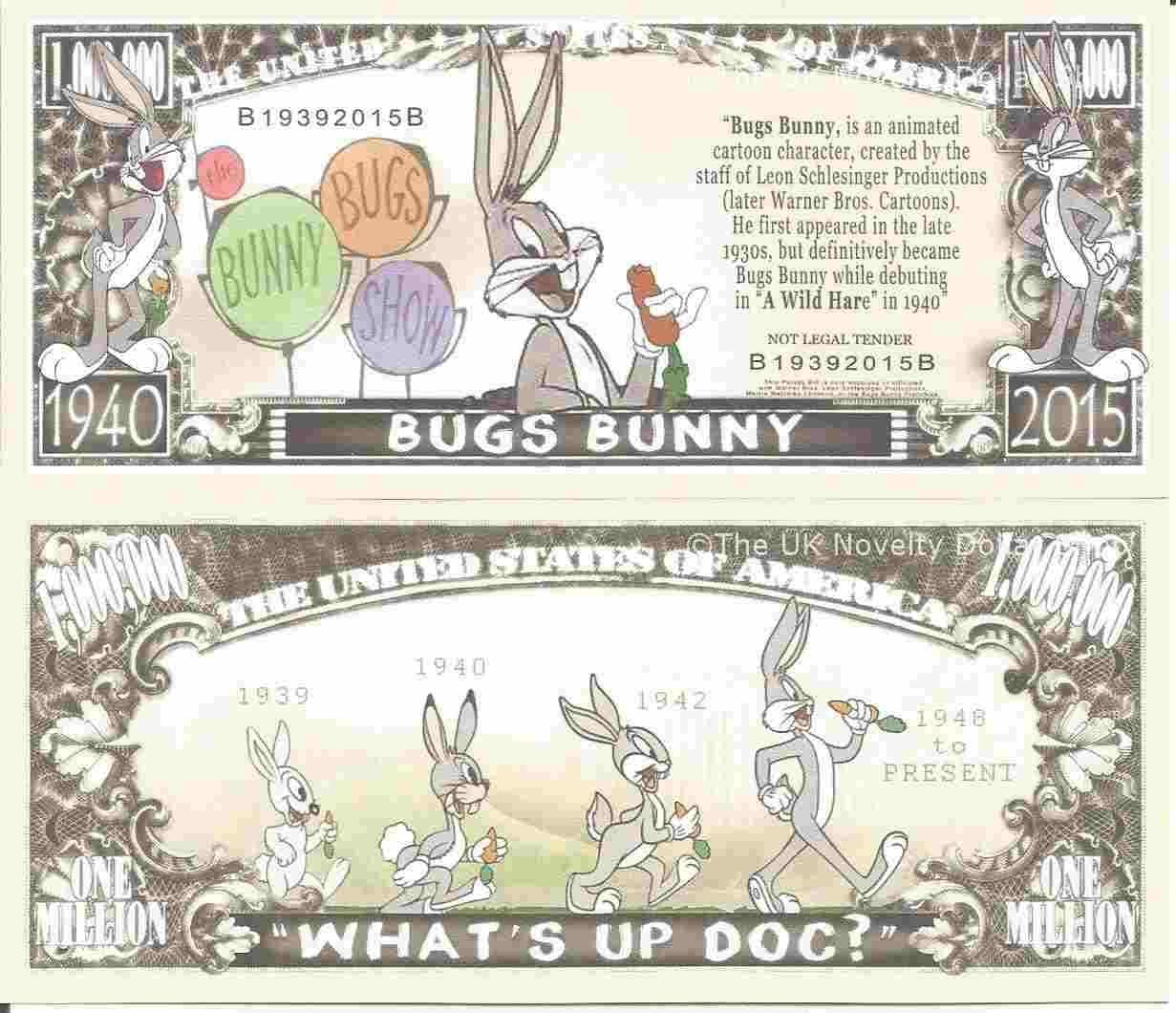 Bugs Bunny Whats Up Doc Animated Cartoon Character Million Dollar Bills x 2 Rabbit