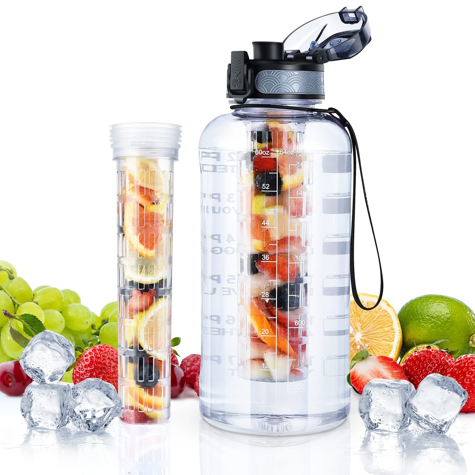 2 Litre Water Bottle with Fruit Infuser, Sports Water Bottle 2L with Motivational Time Markings, Dishwasher Safe Leak-proof Drink BPA Free Tritan for Outdoors, Camping, Gym, School