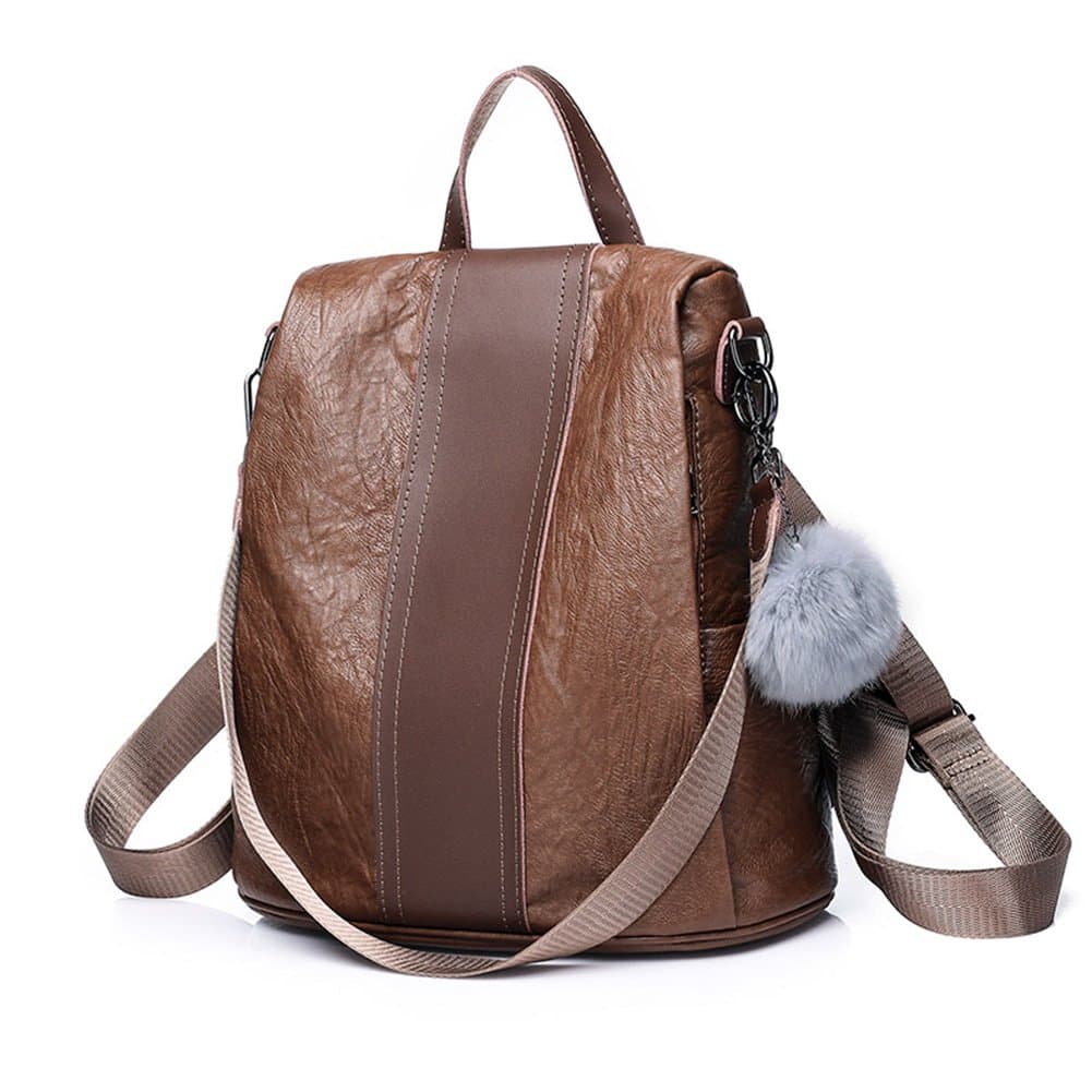 FAIRYSAN Women Knapsack Leather Backpack Rucksack Handbags Ladies Daypack Girls Vintage Pompom School Travel Bag Brown(Size: 29cm*14cm*31cm, handle: 9cm approx.)