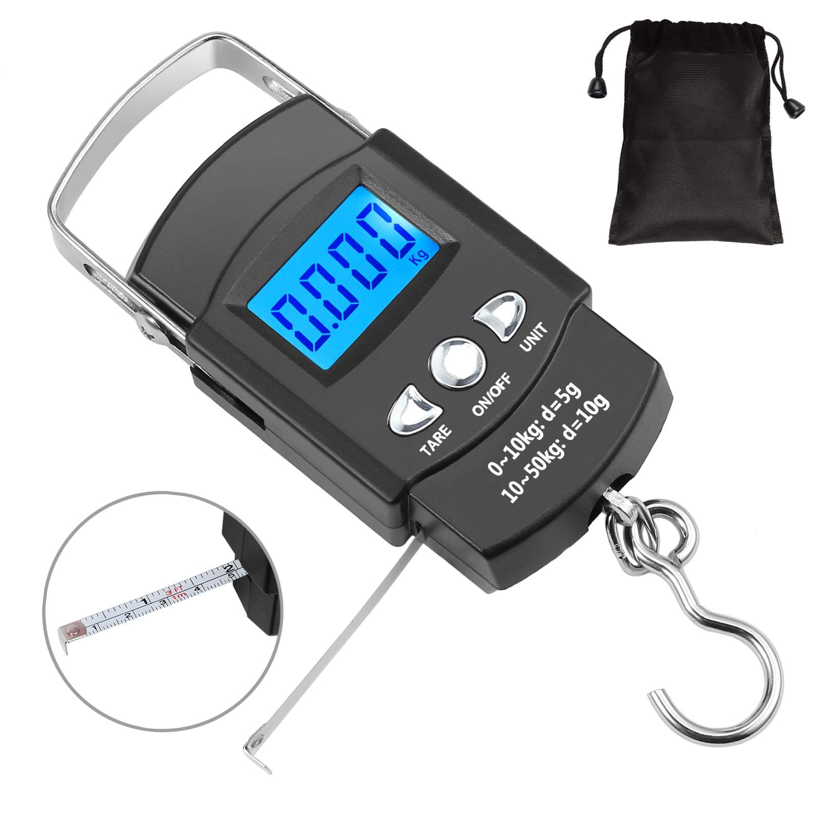 Oriketech Fishing Scale 110lb/50kg Backlit LCD Screen Portable Electronic Balance Digital Fish Hook Hanging Scale with Measuring Tape Ruler, Carry Bag Included