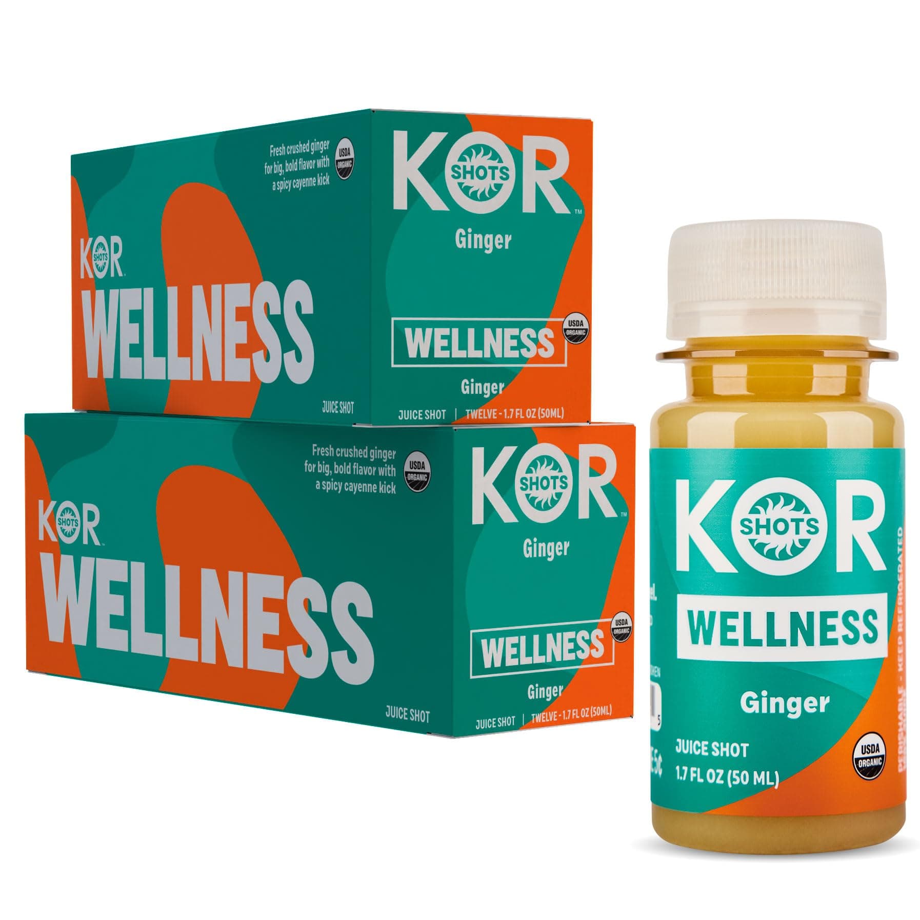 Kor Shot Ginger Shot - 24 Pack x 1.7 Fl Oz - Wellness Shot - Freshly Pressed Ginger and Cayenne Natural Energy Boost Shot - USDA Certified Organic