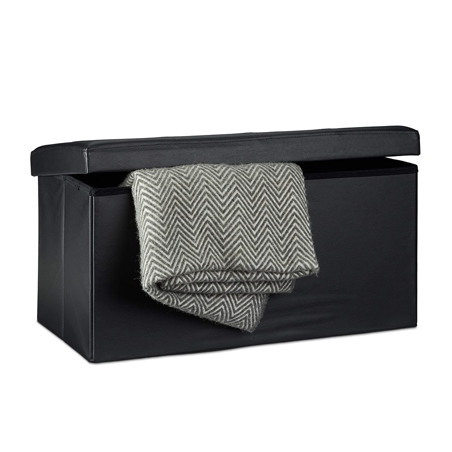 Relaxdays Folding Storage Bench Large Seat, Faux Leather, 38 x 78 x 38 cm, Foldable Footstool Ottoman with Removable Lid, Black