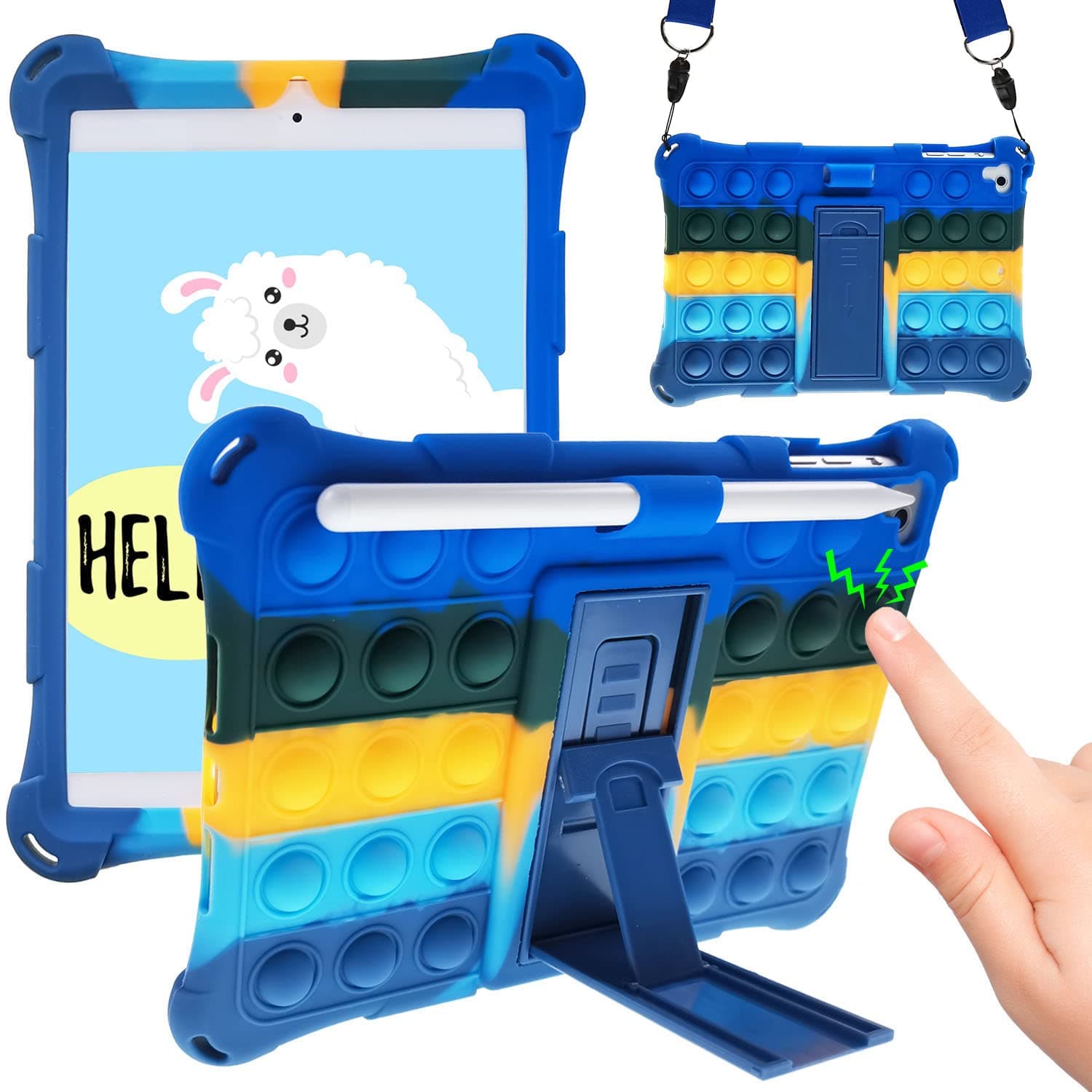 Pop It iPad Tablet Case, iPad 9th / 8th / 7th Generation Case 10.2" Kids Boys, Fidgets Poppet Puppet Pop Its Bubble Silicone Case, Stand, Strap, Pencil Holder for 10.5" iPad Pro/Air 3 – Blue