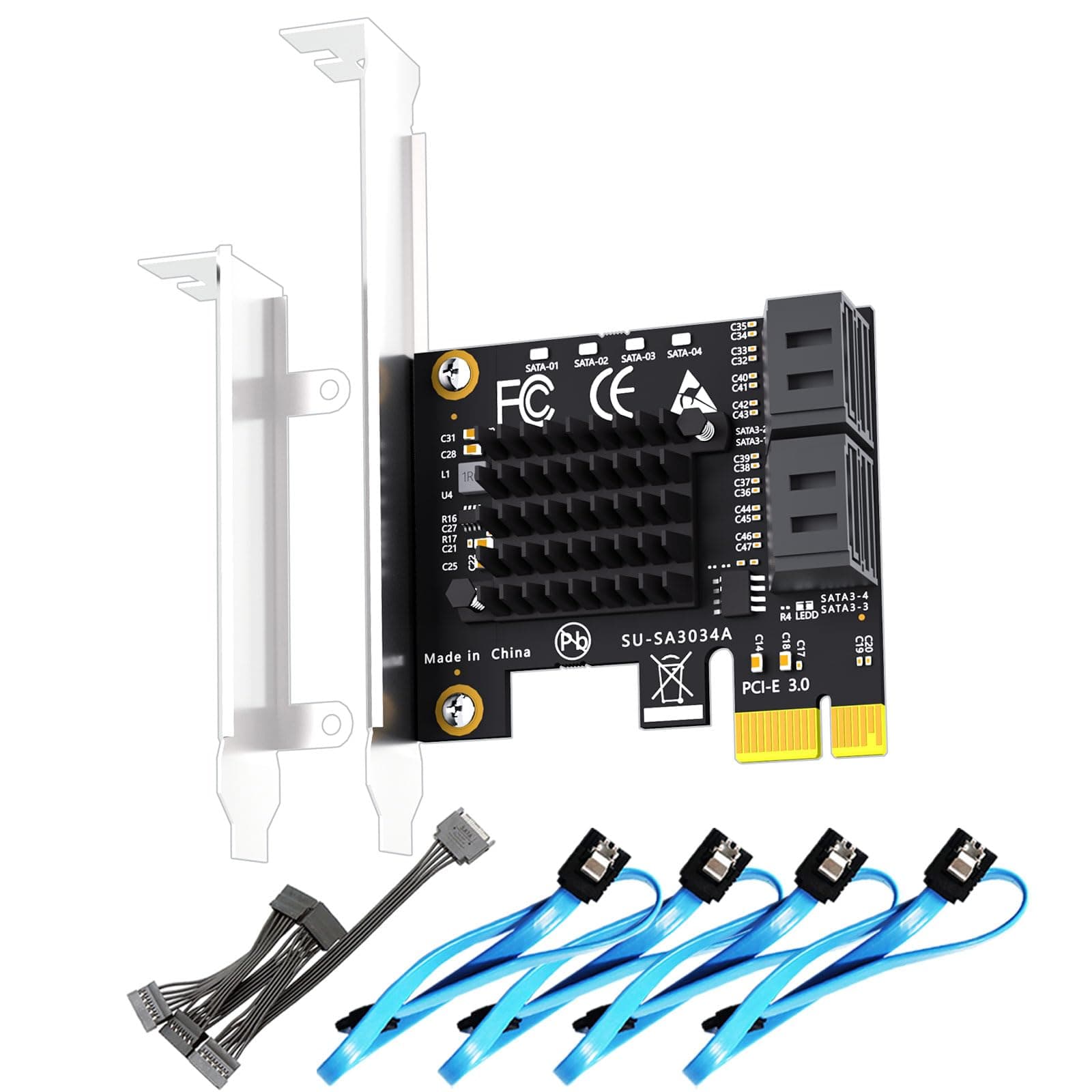 GLOTRENDS SA3034A 4 Ports PCIe SATA 3.0 Expansion Card, Support OS Booting, Including SATA Cables and 1:5 SATA Splitter Power Cable, Compatible with Windows, Linux, Mac OS, NAS