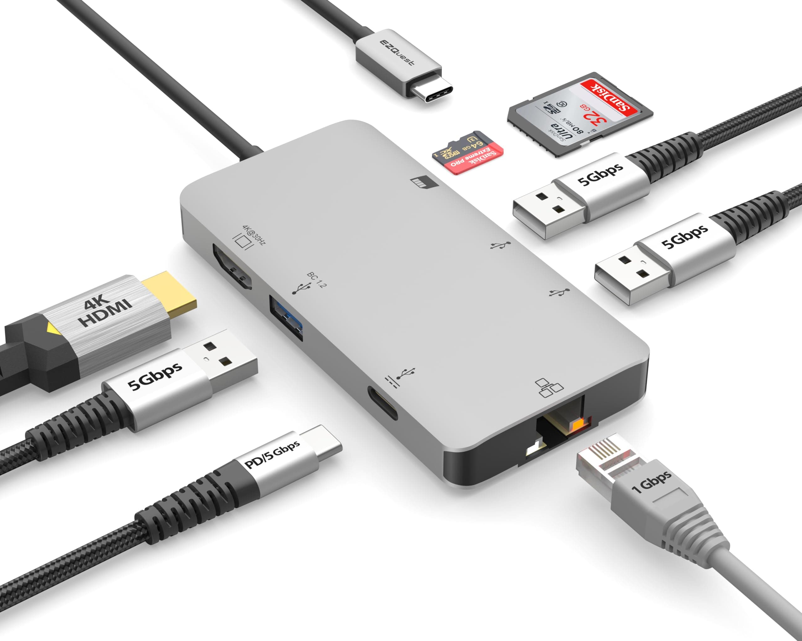 EZQuest USB-C Multimedia Hub Adapter 8 Ports (HDMI 4K 30Hz, 100W USB-C PD 3.0, Gigabit Ethernet, 3X USB 3.0, SD & Micro SD) for MacBook Air, MacBook Pro, XPS and More