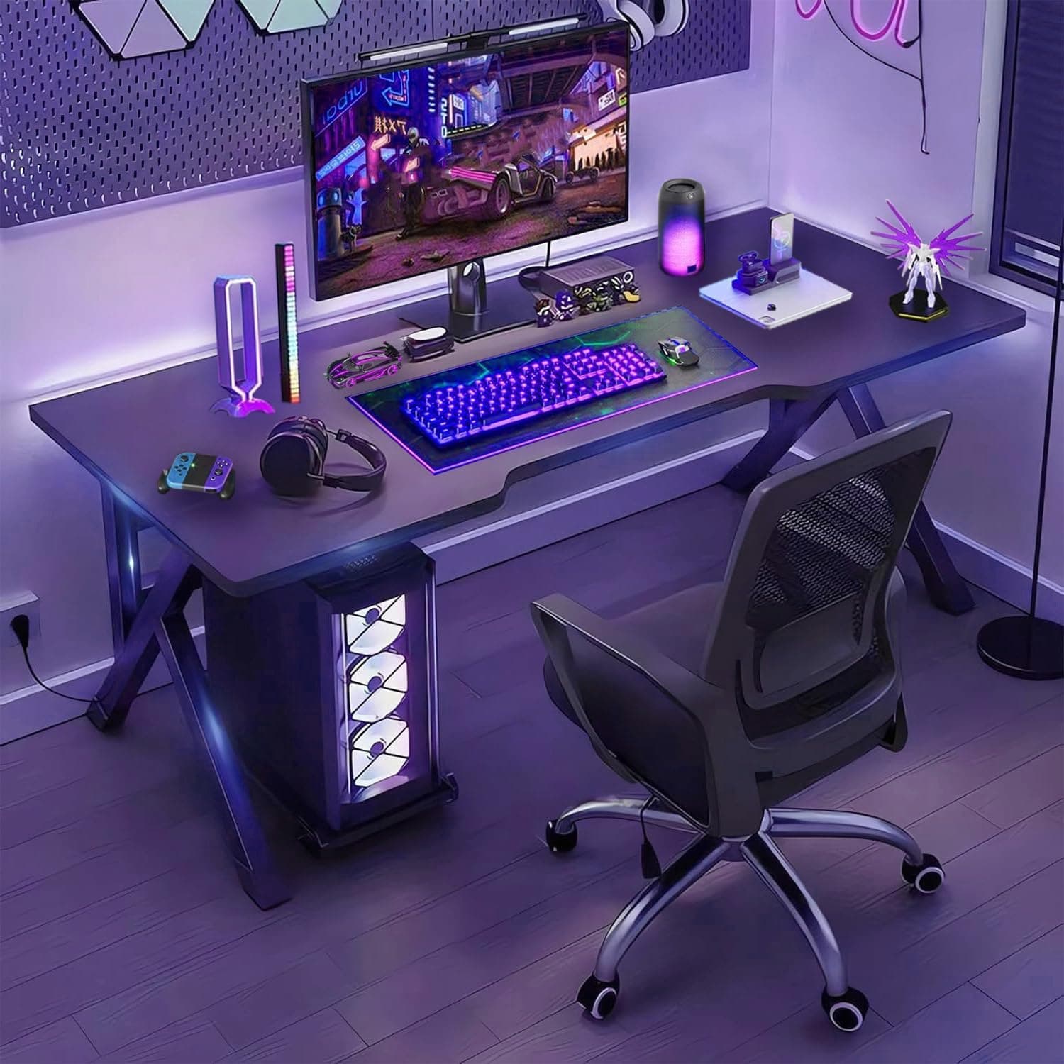 人間工学 大型ゲーミングデスク パソコンデスク K型ゲーミングテーブル PCゲーミングワークステーション ホームオフィスデスク 省スペース 組み立て簡単 (ブラック, 140x60x75cm)