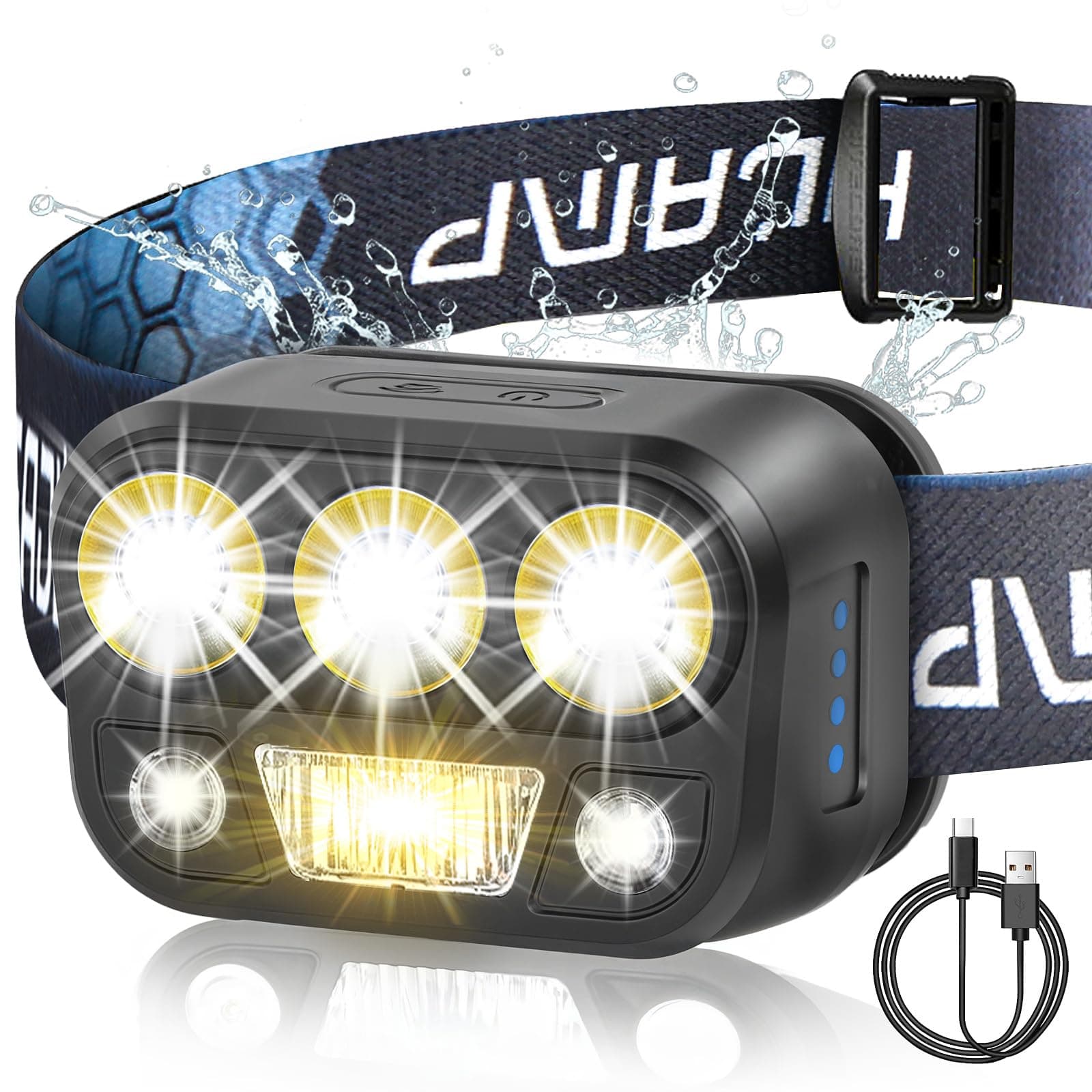 Headlamp Rechargeable - High Performance LED Headlights Flashlight, Waterproof, Press and Inductive Switches, 6 Modes and 45° Adjustable, Flashlight Lightweight Headlamp for Camping Running Fishing