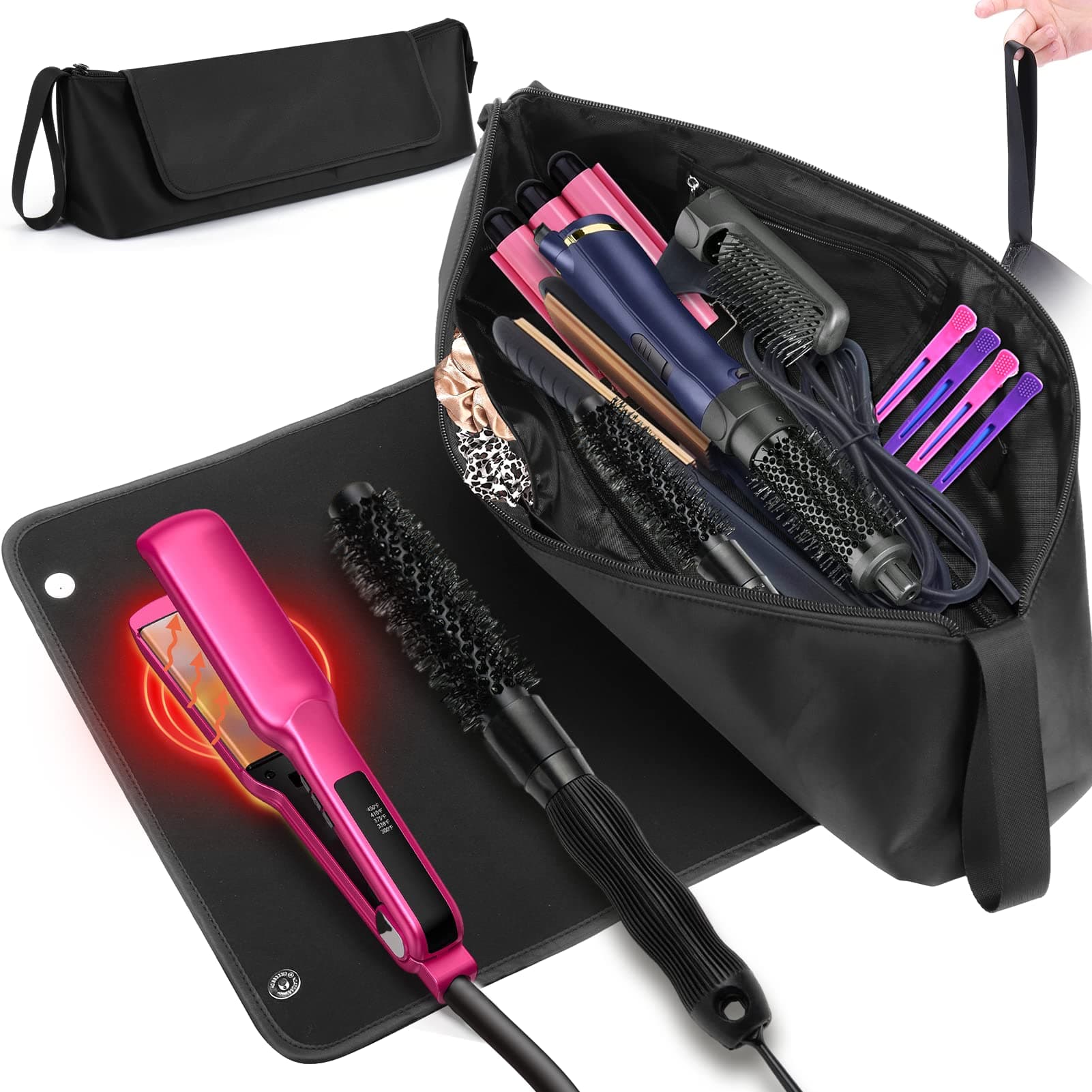 BABORUI Large Hair Tools Travel Bag, Heat Resistant Hair Travel Bag for Curling Iron, Flat Irons, Straighteners, Hanging Travel Hair Tools Bag with Heat Resistant Mat, Hangable Handles (Pink)